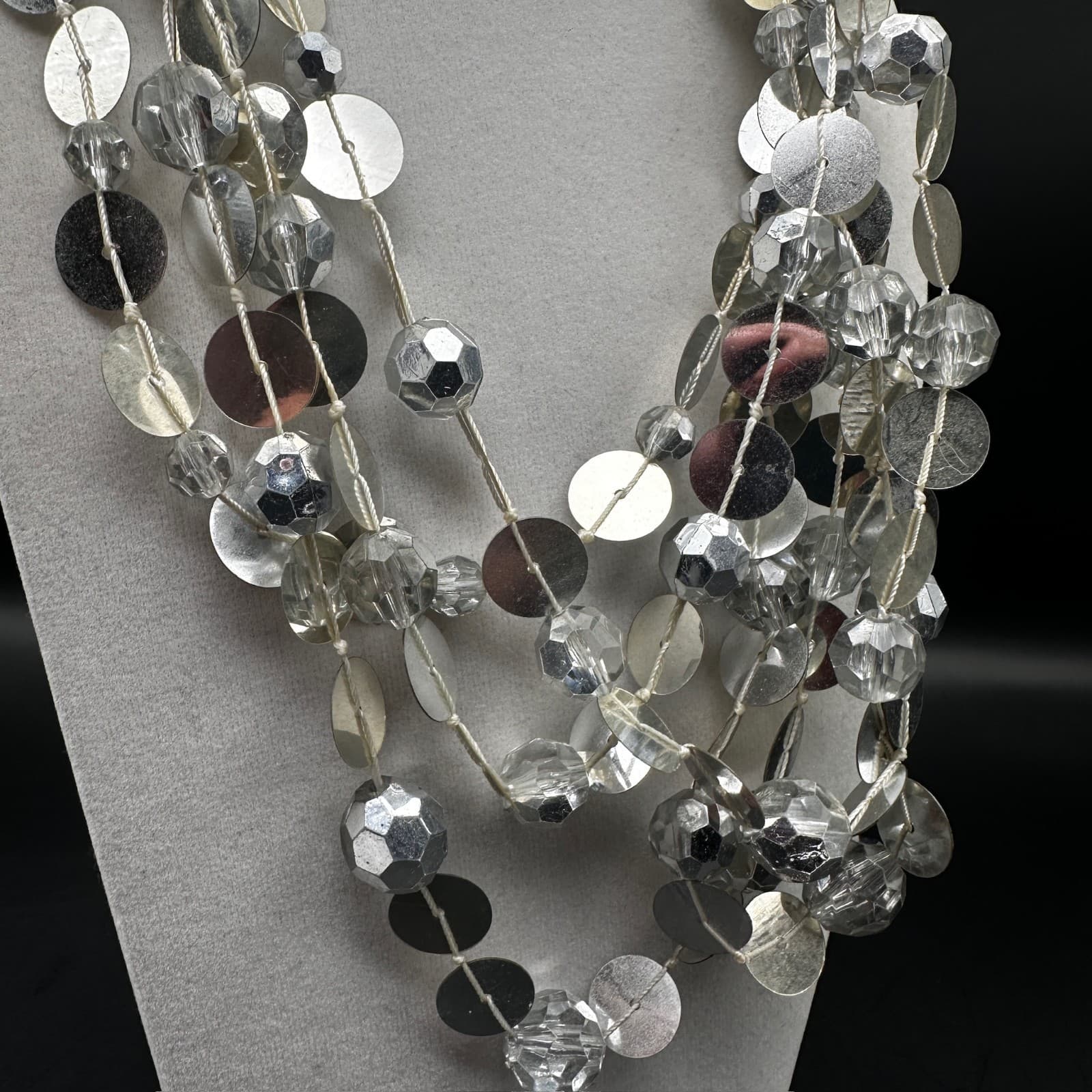 Vintage Multi Strand Necklace Silver Tone Disc Sequin Clear Bead Chunky Jewelry - Thumbnail 7