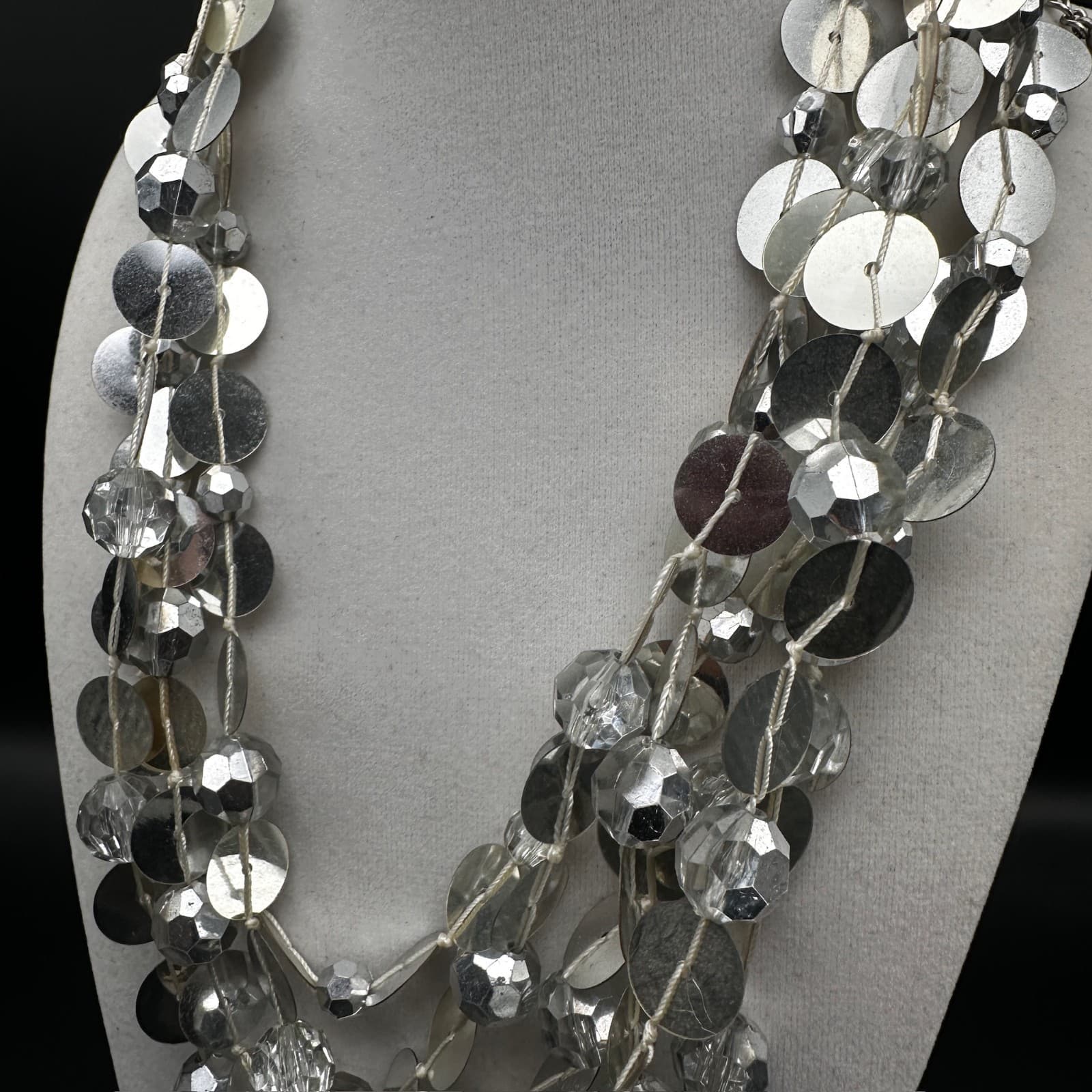 Vintage Multi Strand Necklace Silver Tone Disc Sequin Clear Bead Chunky Jewelry - Thumbnail 5