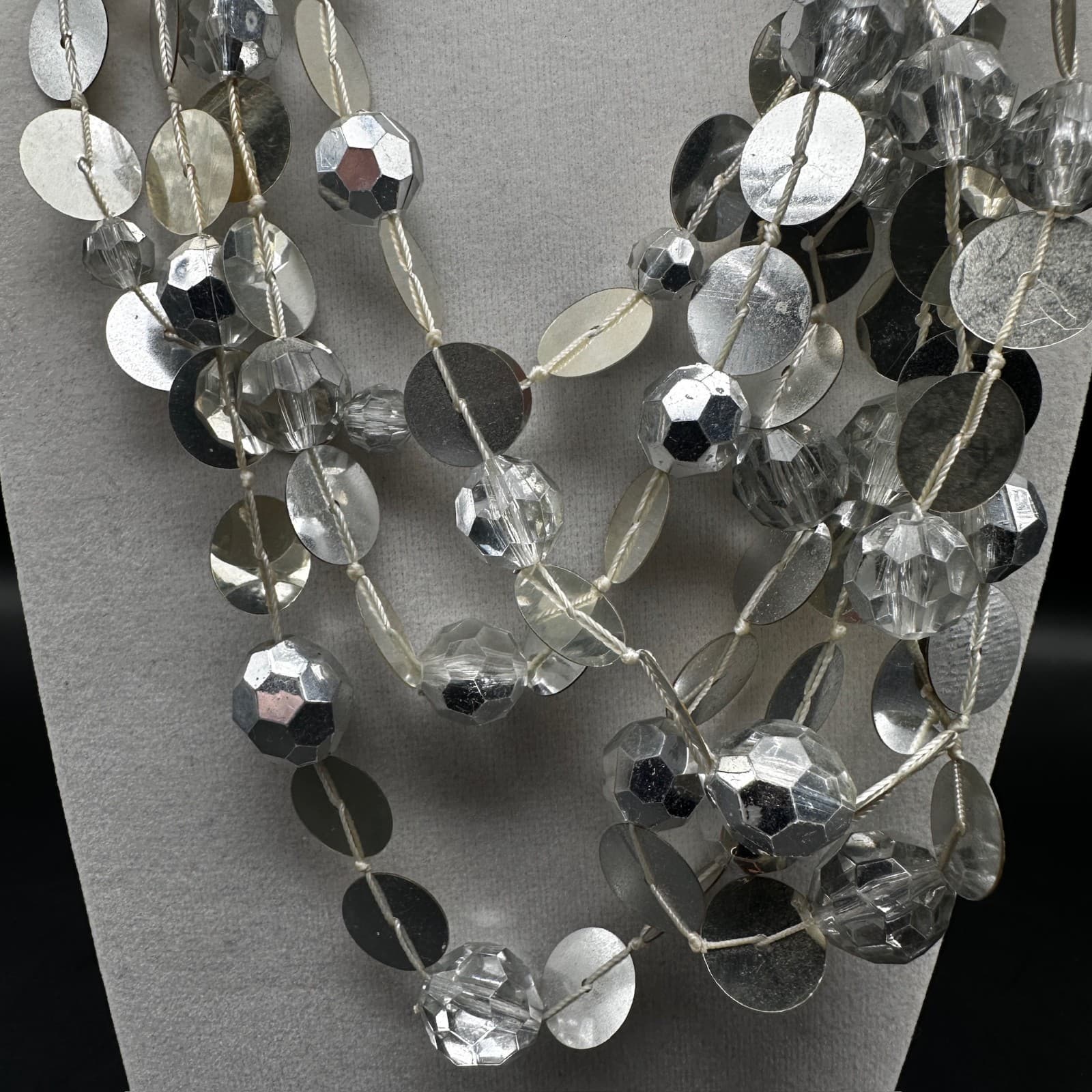 Vintage Multi Strand Necklace Silver Tone Disc Sequin Clear Bead Chunky Jewelry - Thumbnail 8