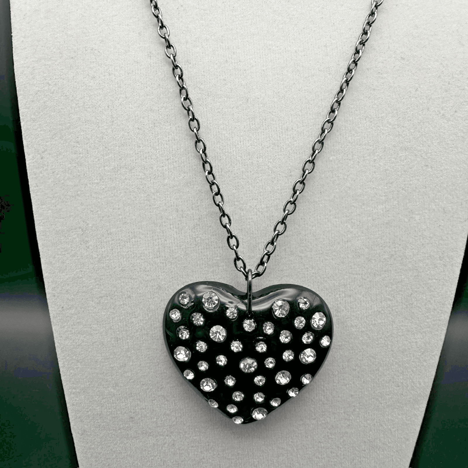 Vintage 90s Black Heart Rhinestone Pendant Necklace Gunmetal Women's Jewelry - Image 1