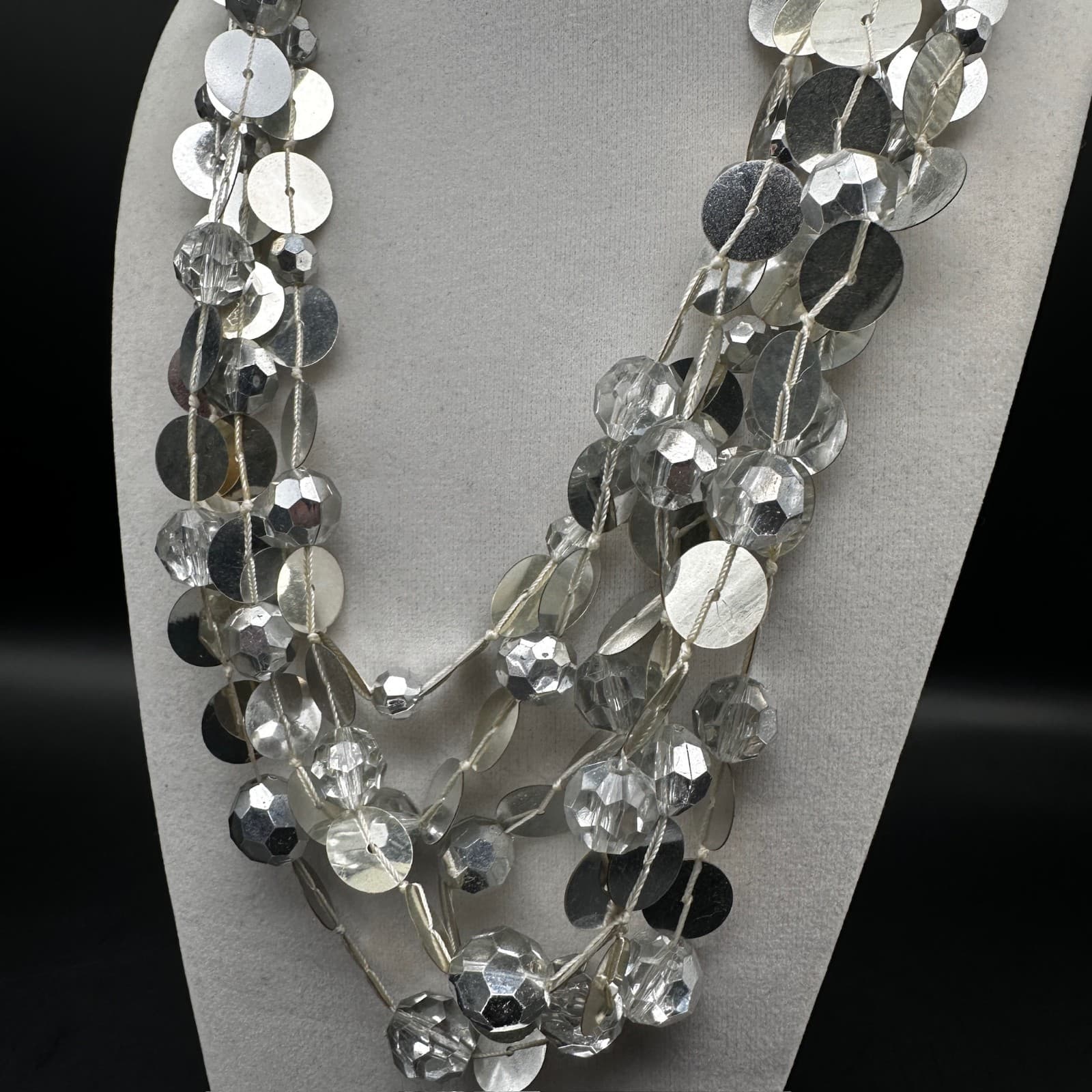 Vintage Multi Strand Necklace Silver Tone Disc Sequin Clear Bead Chunky Jewelry - Thumbnail 4