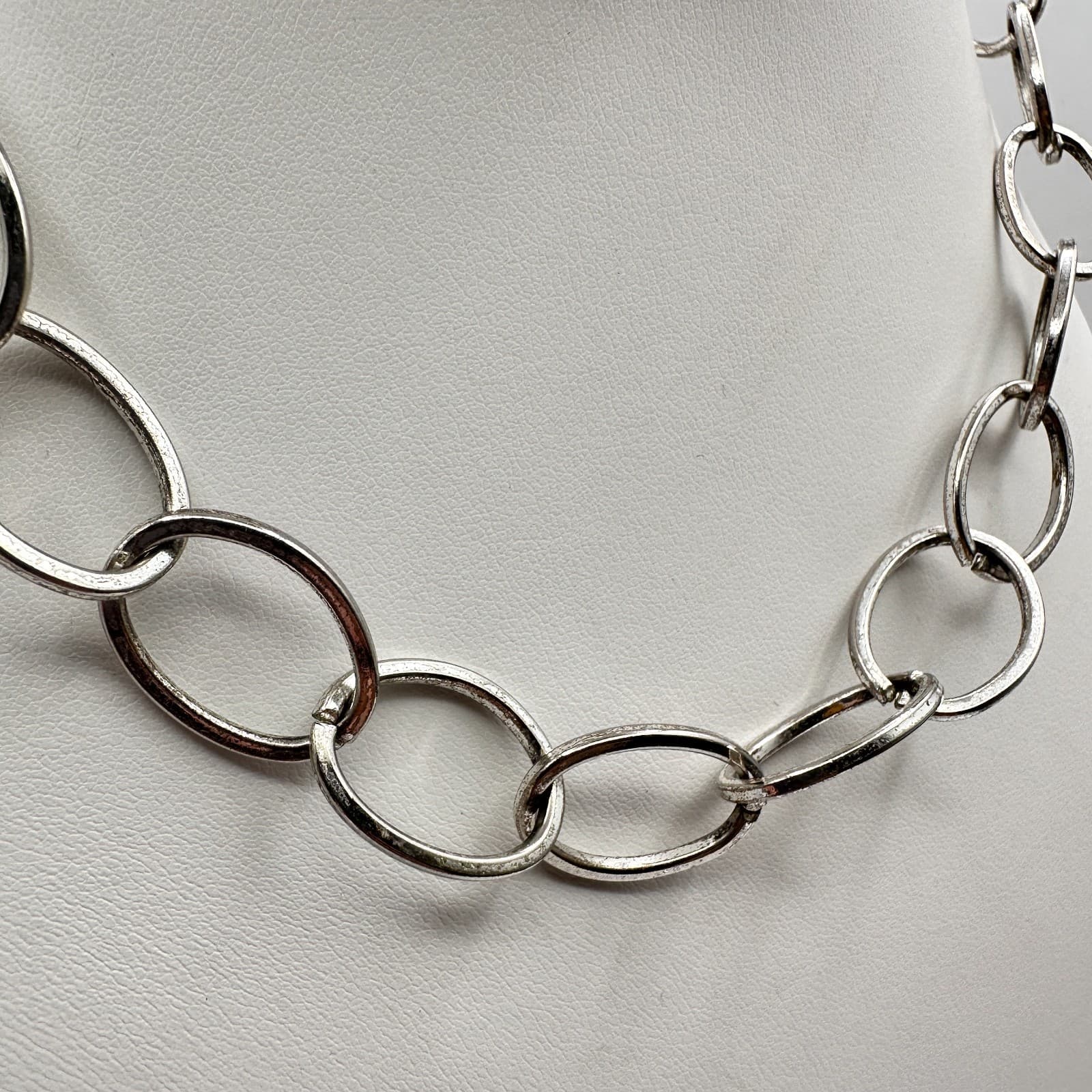 Vintage 90s NY Silver Tone Oval Link Statement Necklace Women's Classic Jewelry - Thumbnail 2