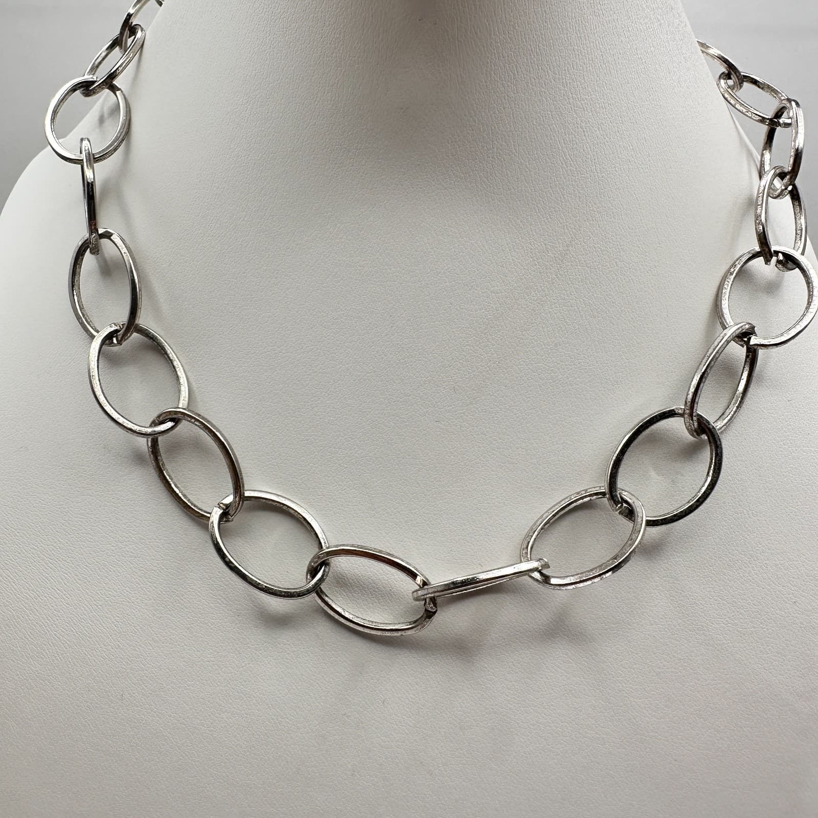 Vintage 90s NY Silver Tone Oval Link Statement Necklace Women's Classic Jewelry - Thumbnail 6