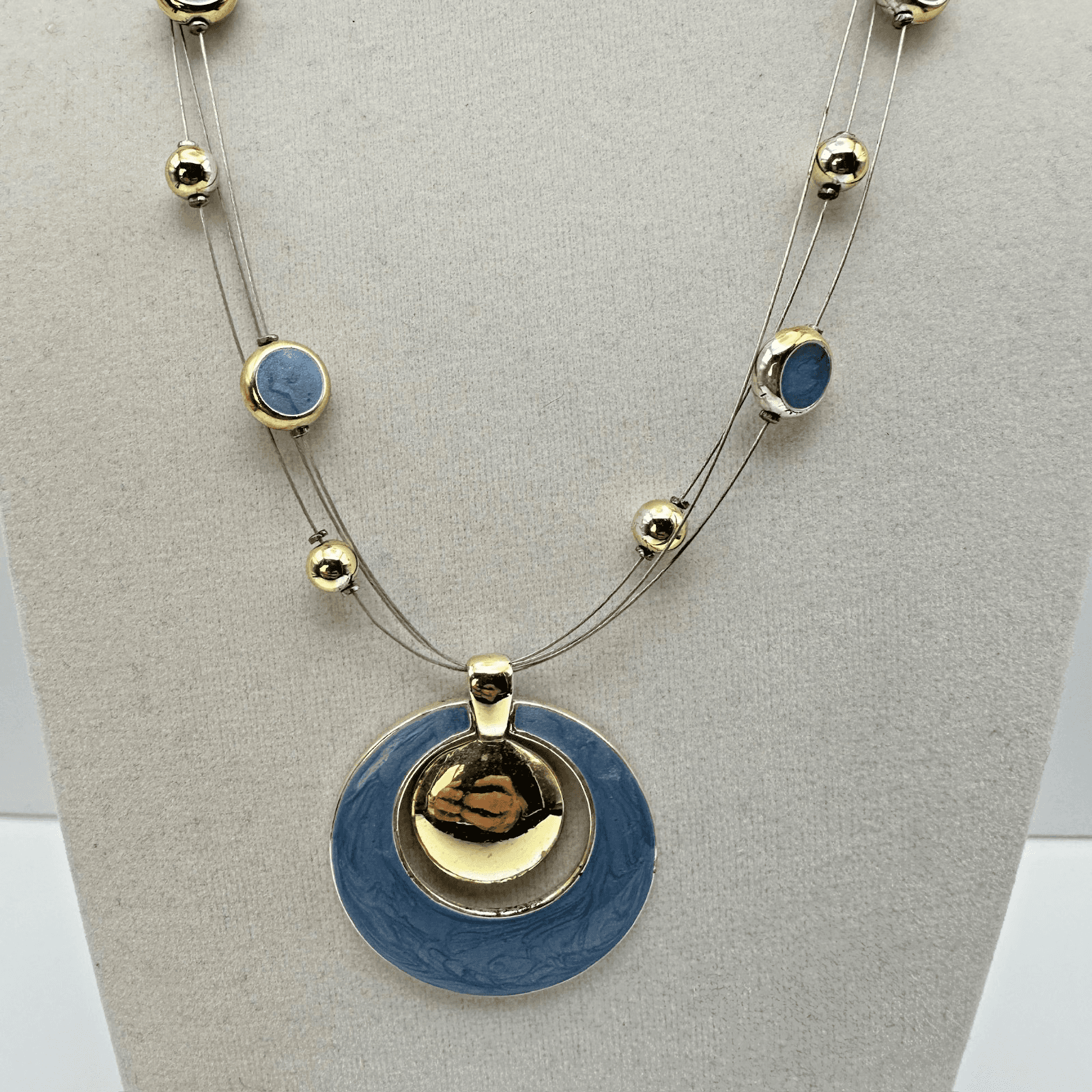 Vintage NY Gold Tone Blue Enamel Circles Multi Strand Wire Necklace Jewelry 90s - Image 1