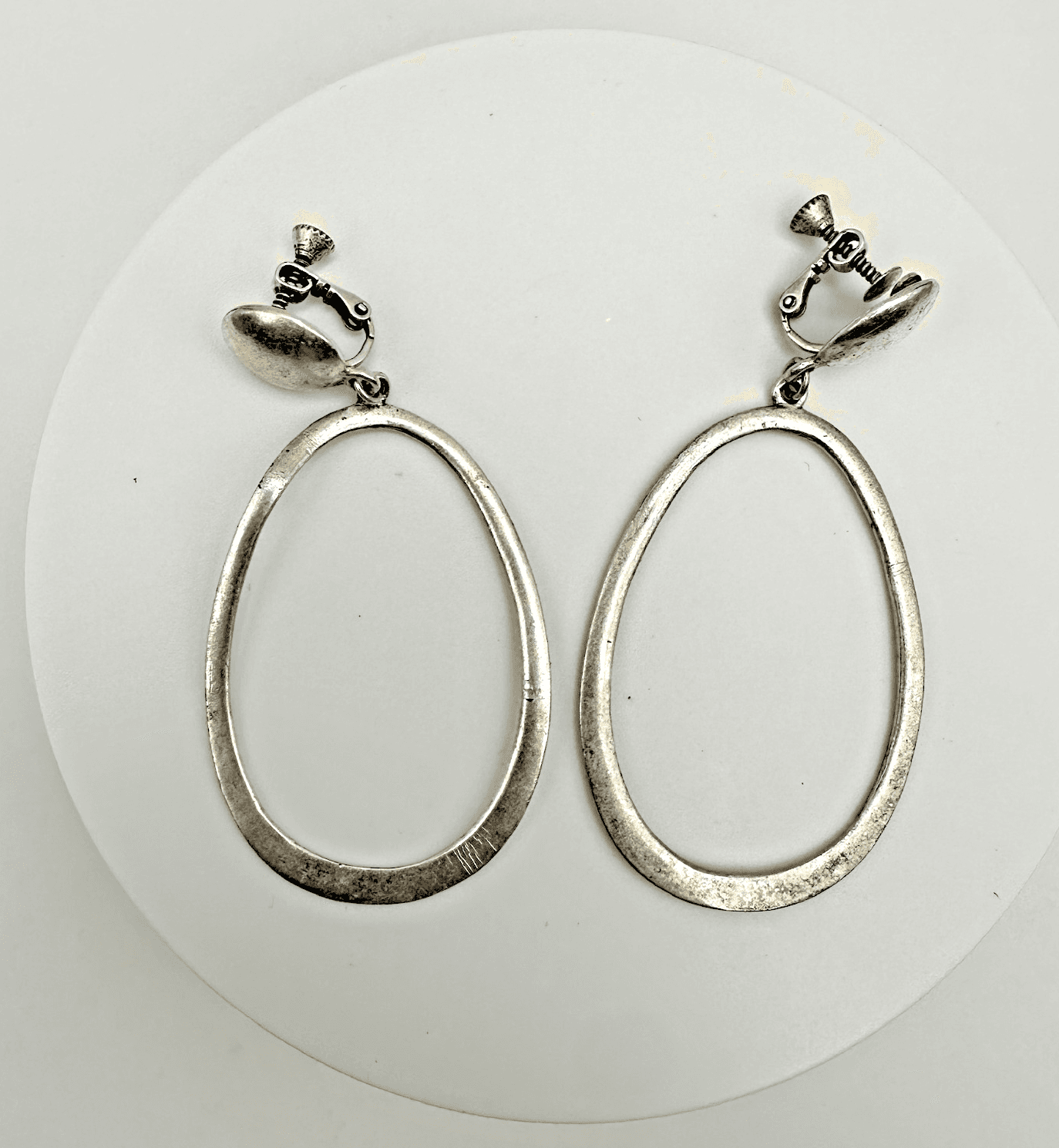 Vintage 80s Silver Tone Large Oval Drop Clip-On Earrings Retro Jewelry - Image 1