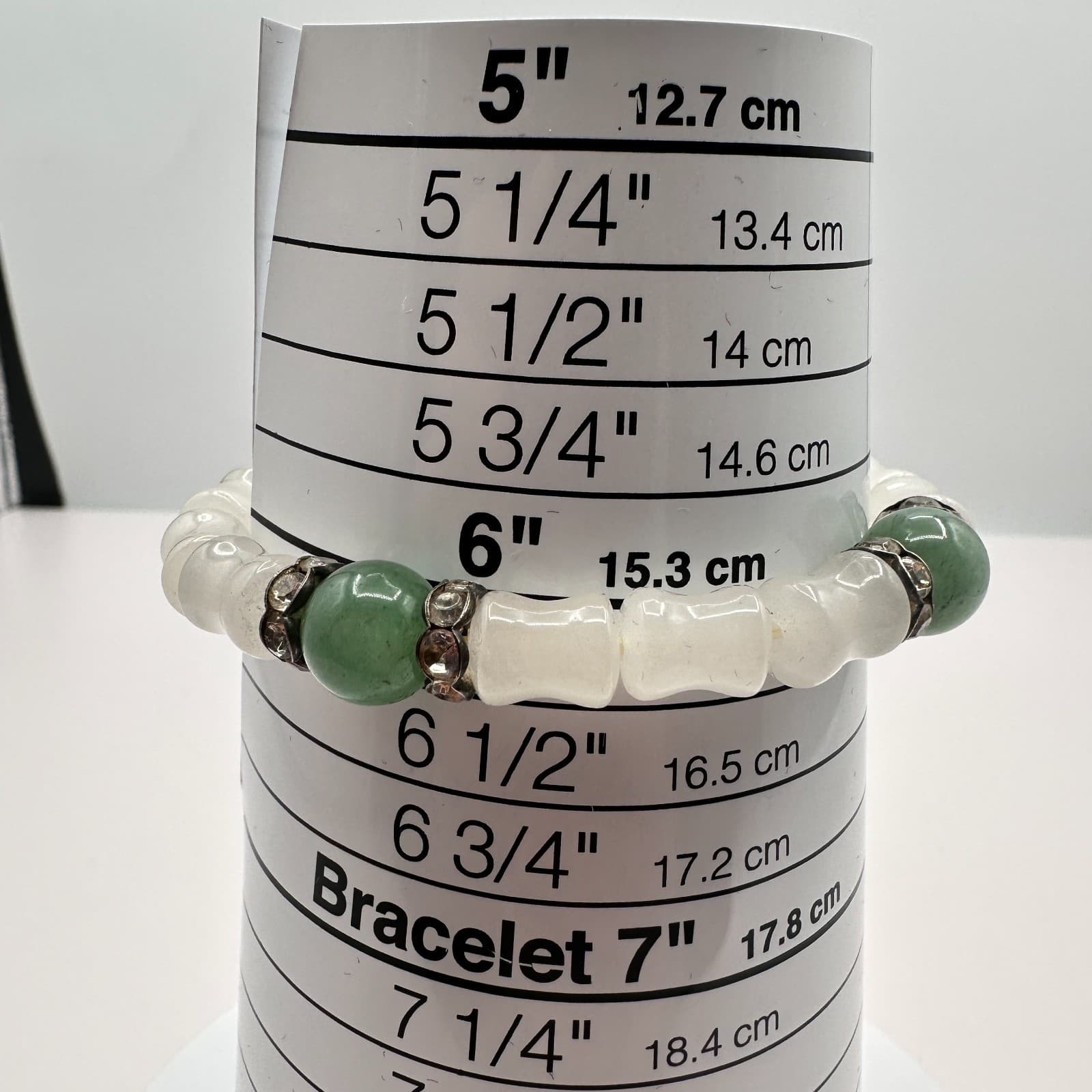 Vintage Y2K Silver Tone Green White Beaded Clear Rhinestone Bracelet Jewelry - Thumbnail 7