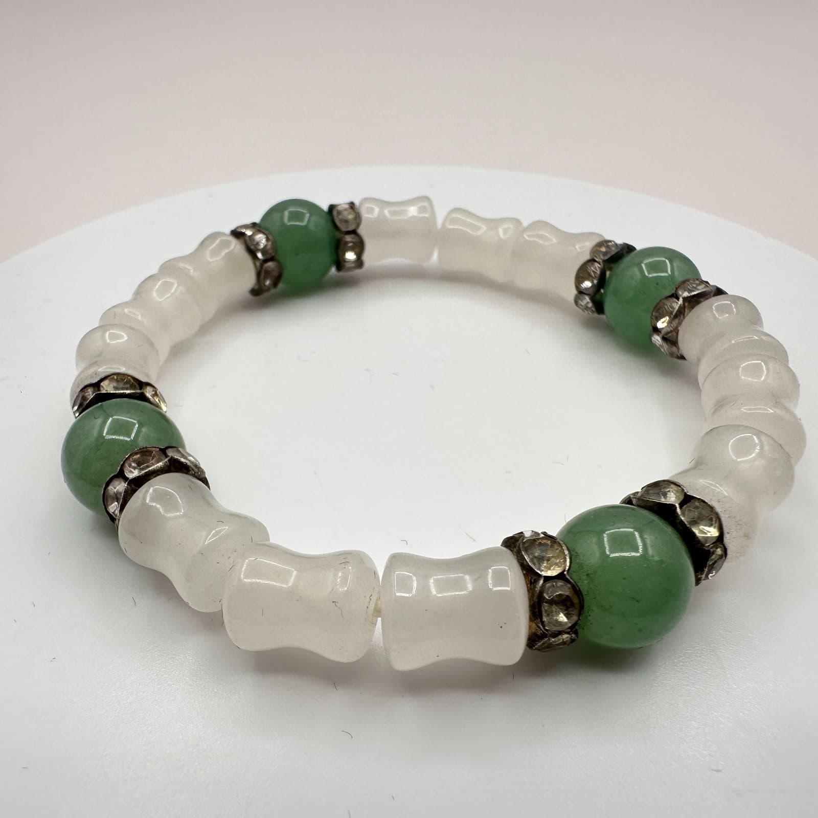 Vintage Y2K Silver Tone Green White Beaded Clear Rhinestone Bracelet Jewelry - Thumbnail 5