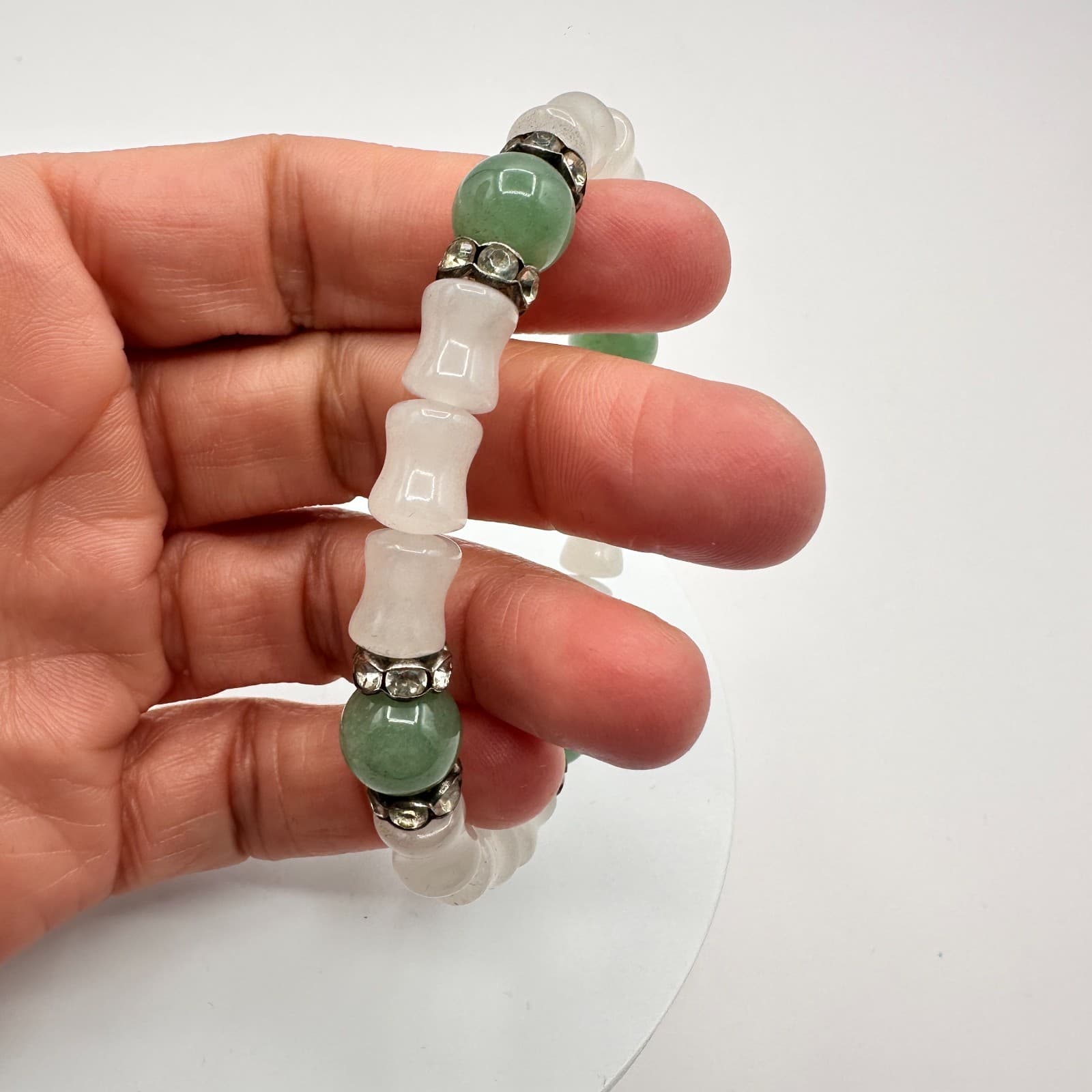 Vintage Y2K Silver Tone Green White Beaded Clear Rhinestone Bracelet Jewelry - Thumbnail 6