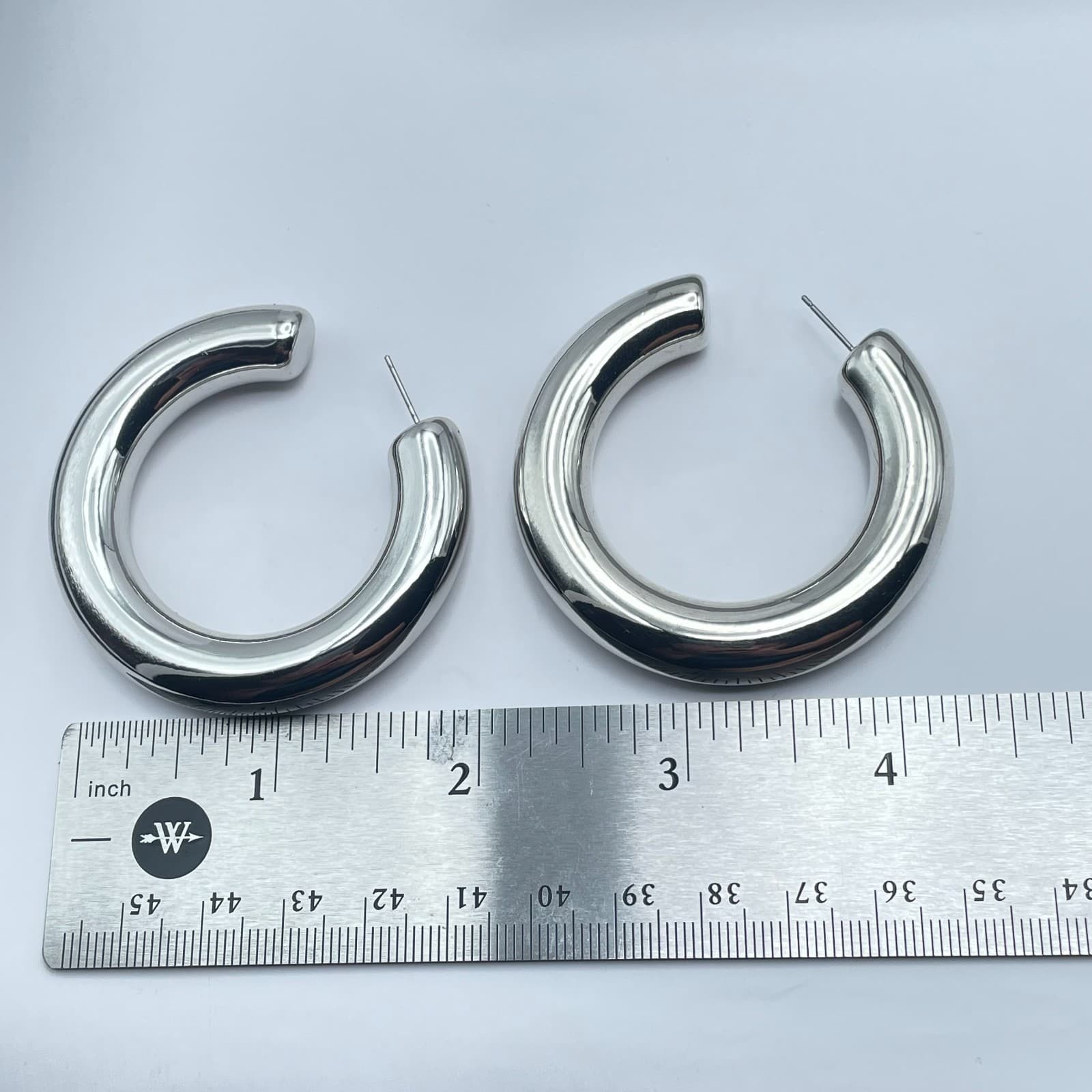 Vintage 90s Silver Tone Chunky Hoop Bold Earrings Women's Classic Jewelry - Thumbnail 11