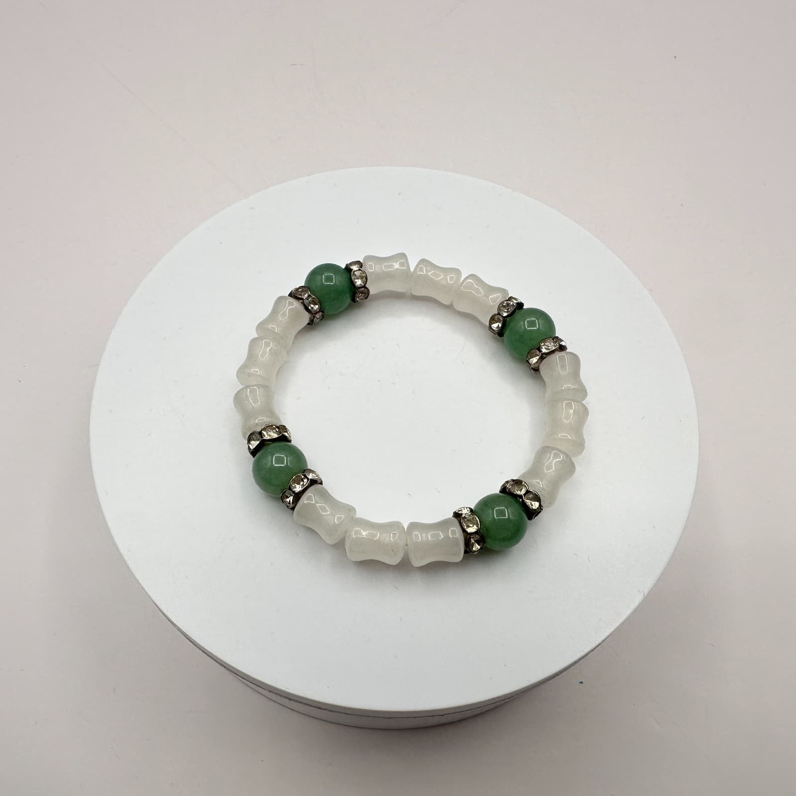 Vintage Y2K Silver Tone Green White Beaded Clear Rhinestone Bracelet Jewelry - Thumbnail 4