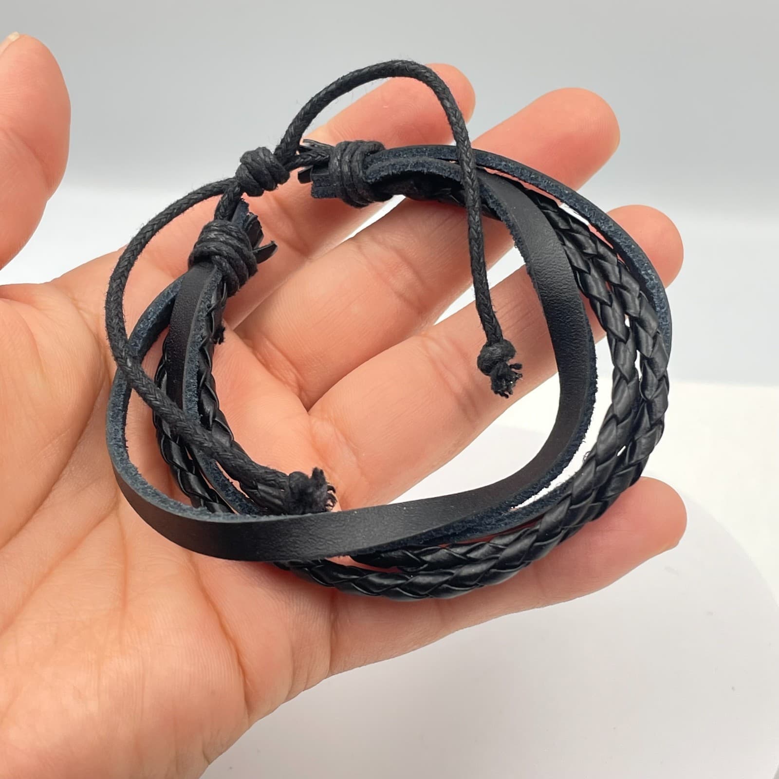 Vintage Y2K Black Multi-Layer Faux Leather Wrap Bracelet Braided Cord Jewelry - Thumbnail 5