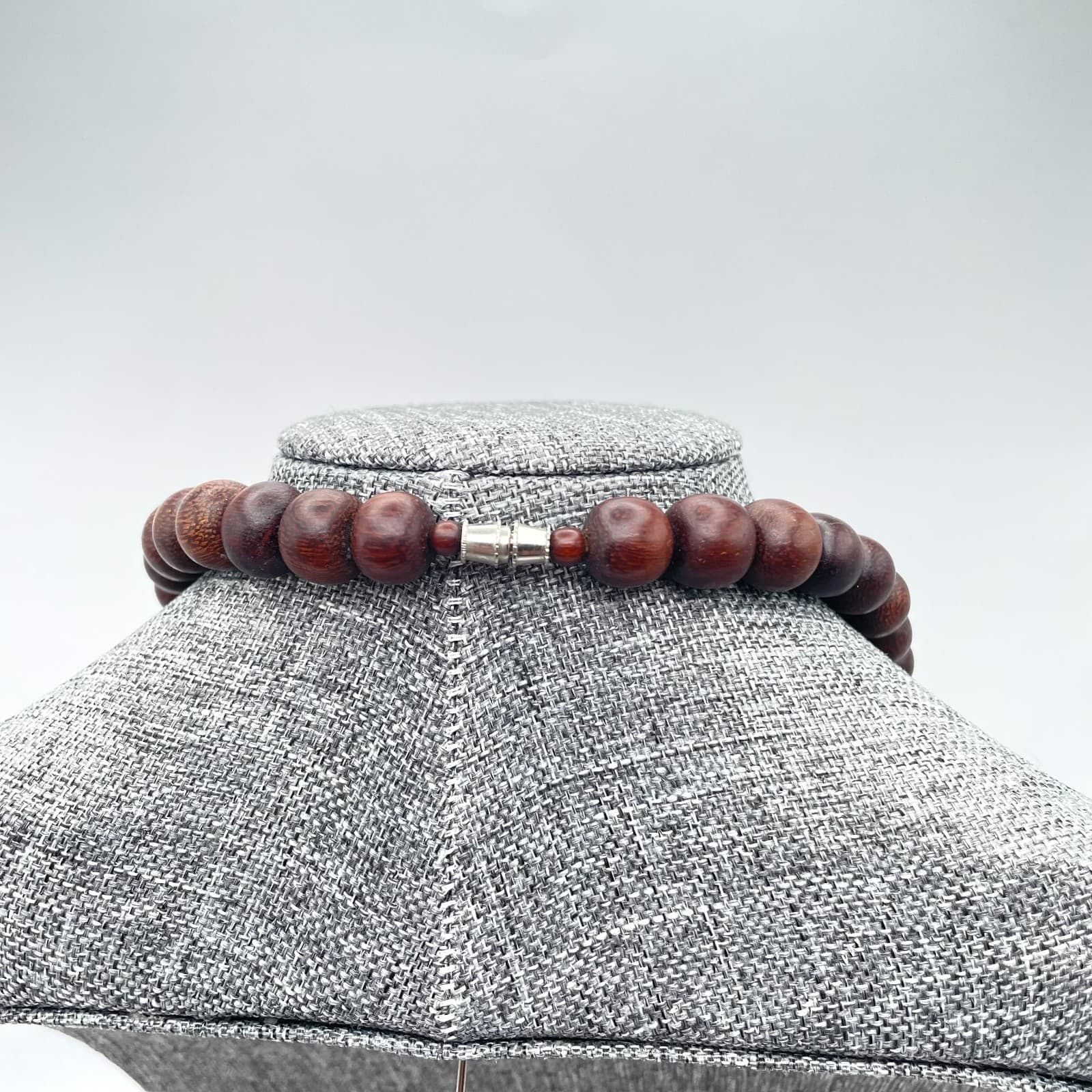 Vintage 90s Silver Tone Chunky Wooden Beaded Necklace Ethnic Women's Jewelry - Thumbnail 8