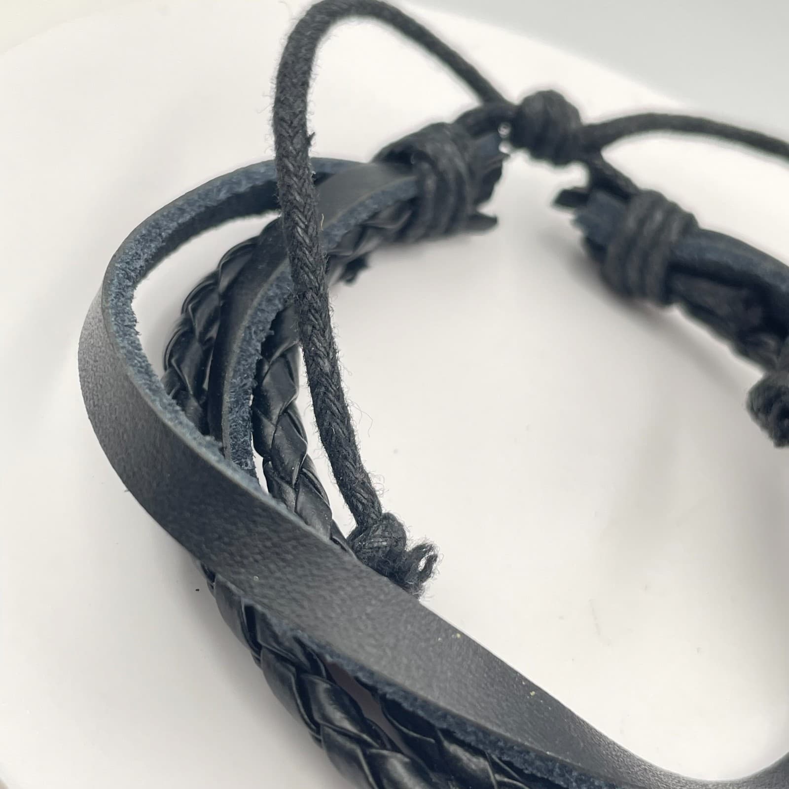 Vintage Y2K Black Multi-Layer Faux Leather Wrap Bracelet Braided Cord Jewelry - Thumbnail 4