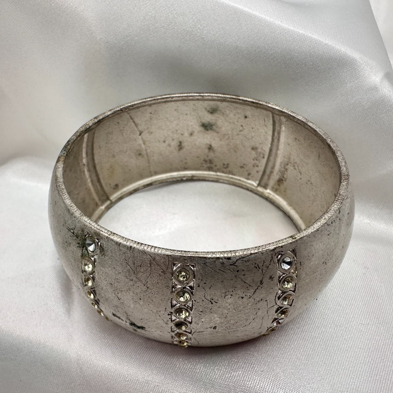 Vintage 90s Silver Tone Chunky Bracelet Clear Rhinestone Women's Classic Jewelry - Thumbnail 2