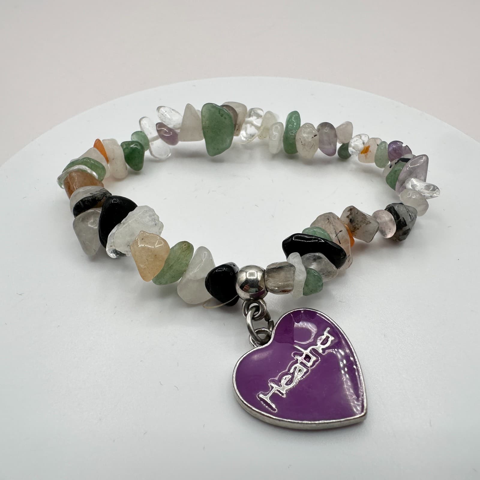 Vintage Y2K Chip Beaded Stretch Bracelet Purple Heart Charm Women's Jewelry - Thumbnail 3