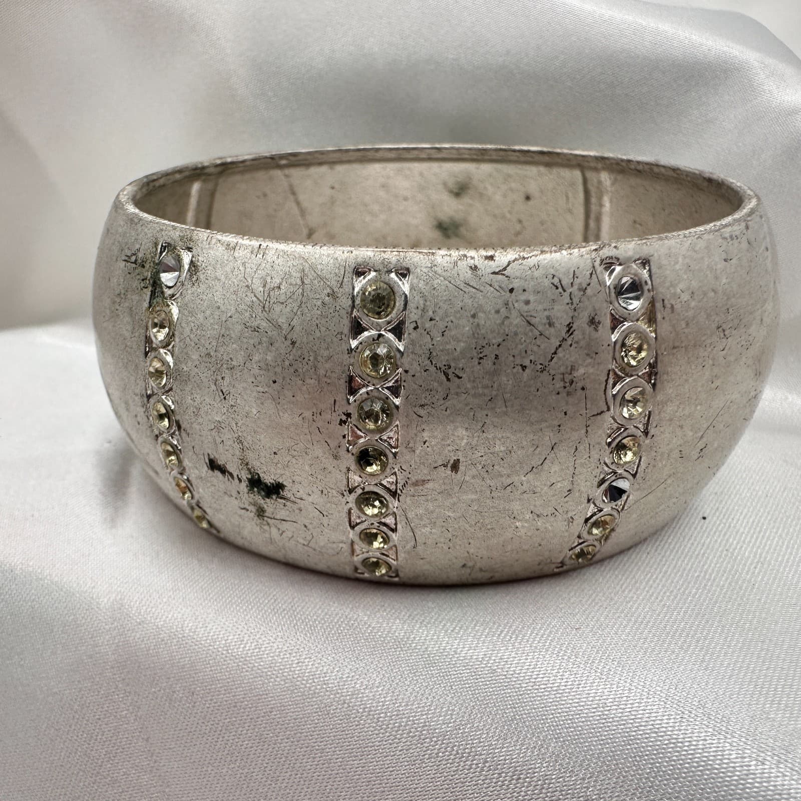 Vintage 90s Silver Tone Chunky Bracelet Clear Rhinestone Women's Classic Jewelry - Image 1
