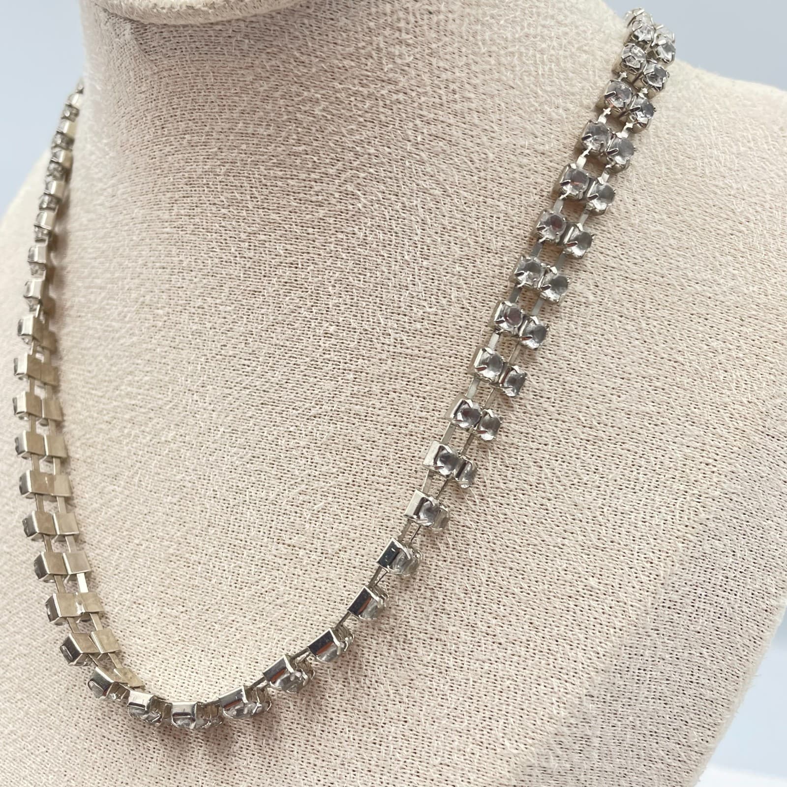 Vintage 90s SilverTone Clear Glass Double Row Rhinestone Choker Necklace Jewelry - Thumbnail 2