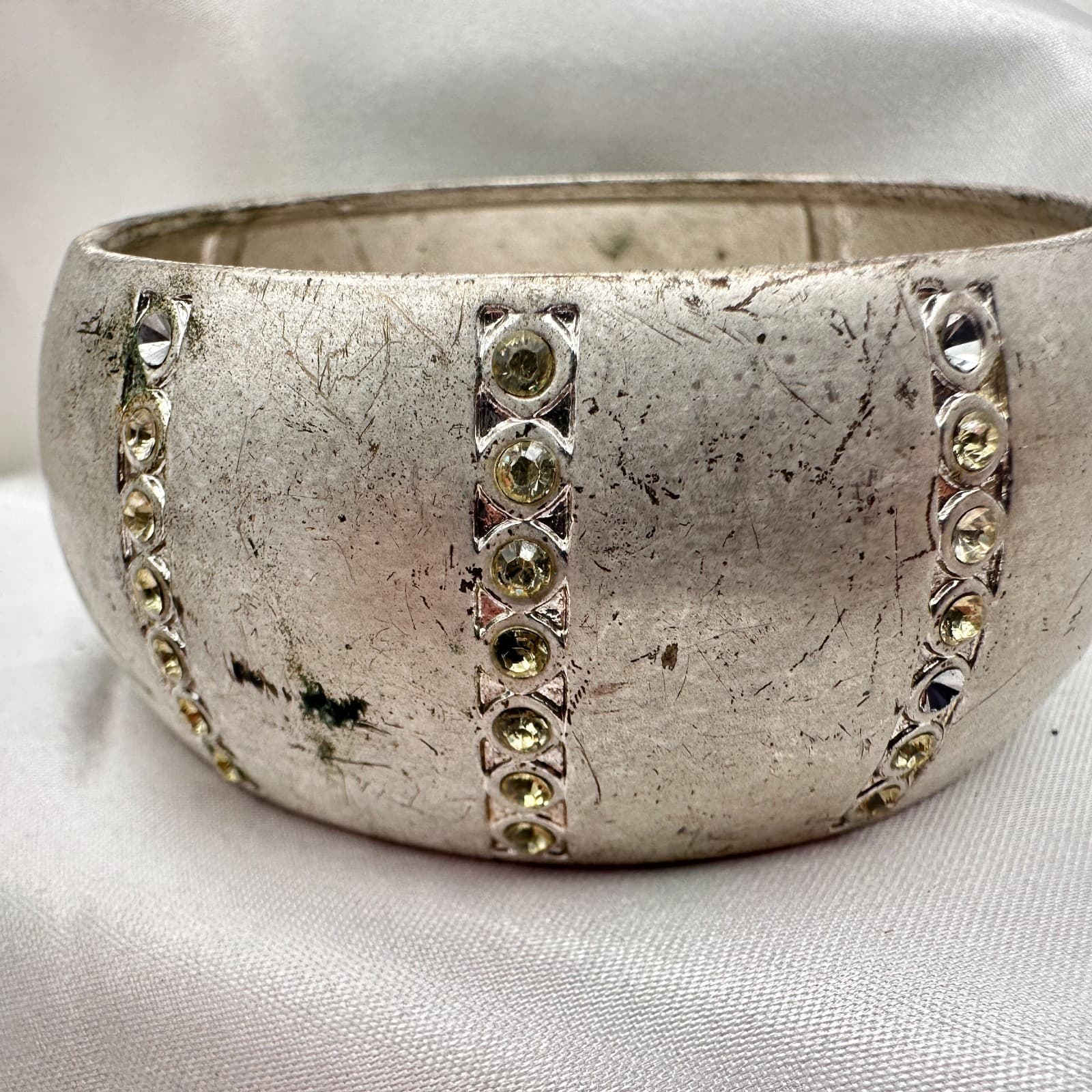 Vintage 90s Silver Tone Chunky Bracelet Clear Rhinestone Women's Classic Jewelry - Thumbnail 4