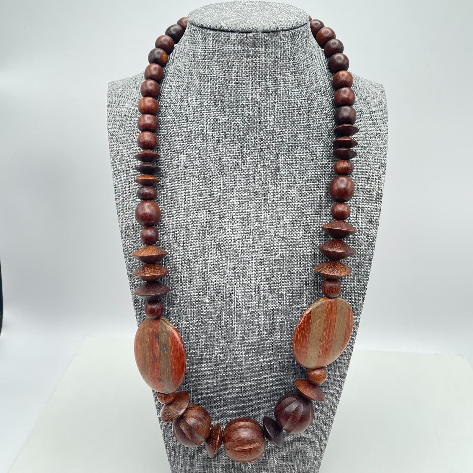 Vintage 90s Silver Tone Chunky Wooden Beaded Necklace Ethnic Women's Jewelry - Thumbnail 5