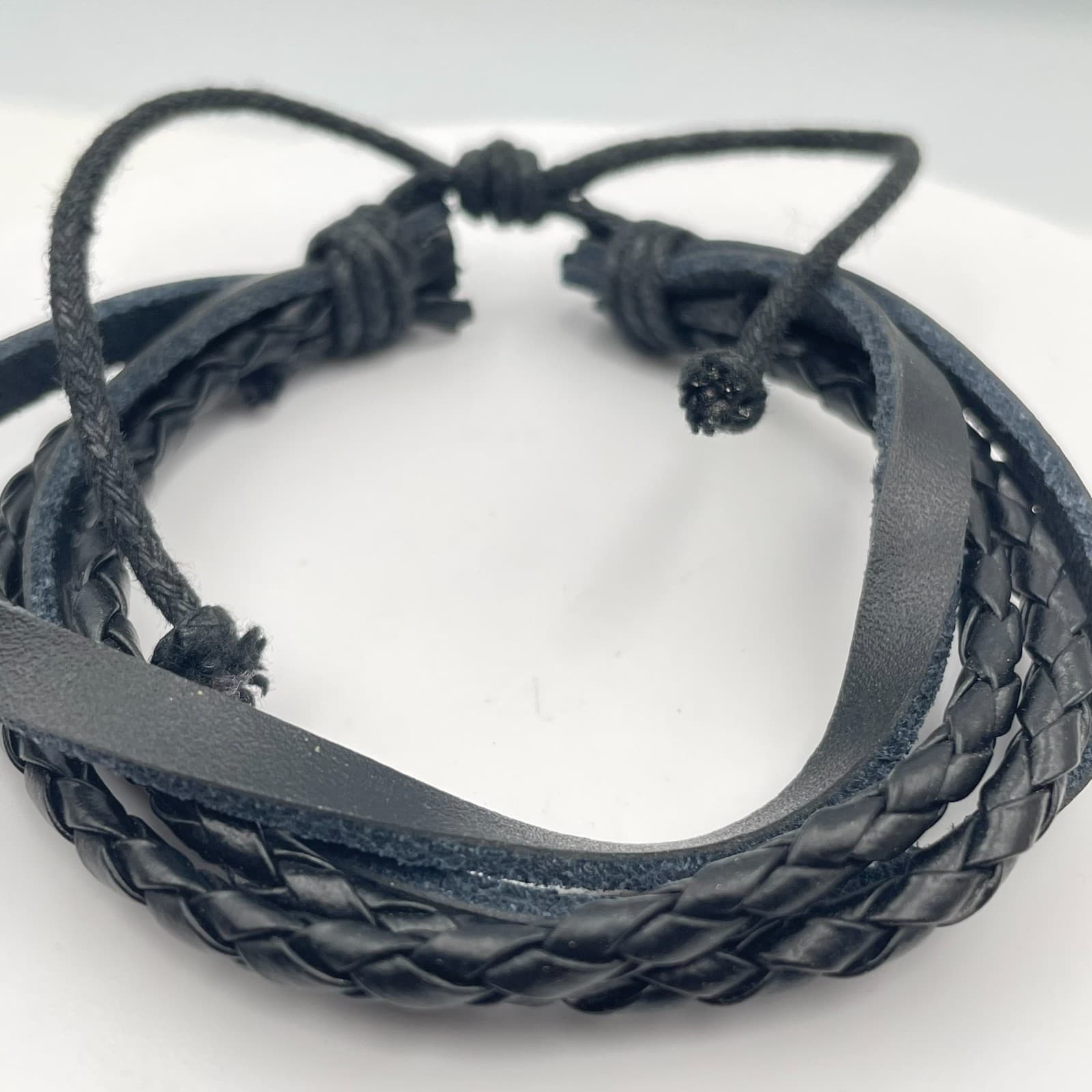 Vintage Y2K Black Multi-Layer Faux Leather Wrap Bracelet Braided Cord Jewelry - Thumbnail 2