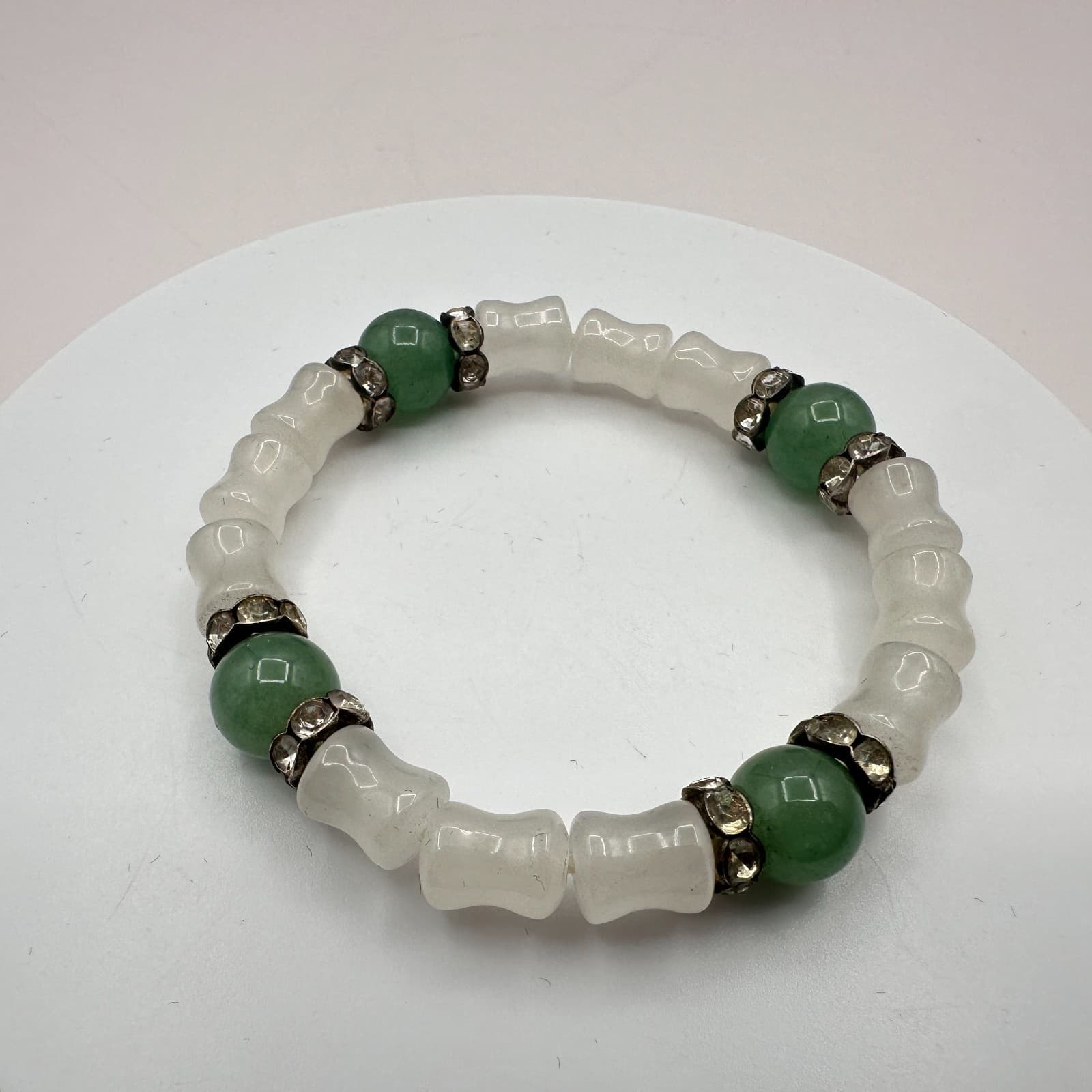 Vintage Y2K Silver Tone Green White Beaded Clear Rhinestone Bracelet Jewelry - Thumbnail 3