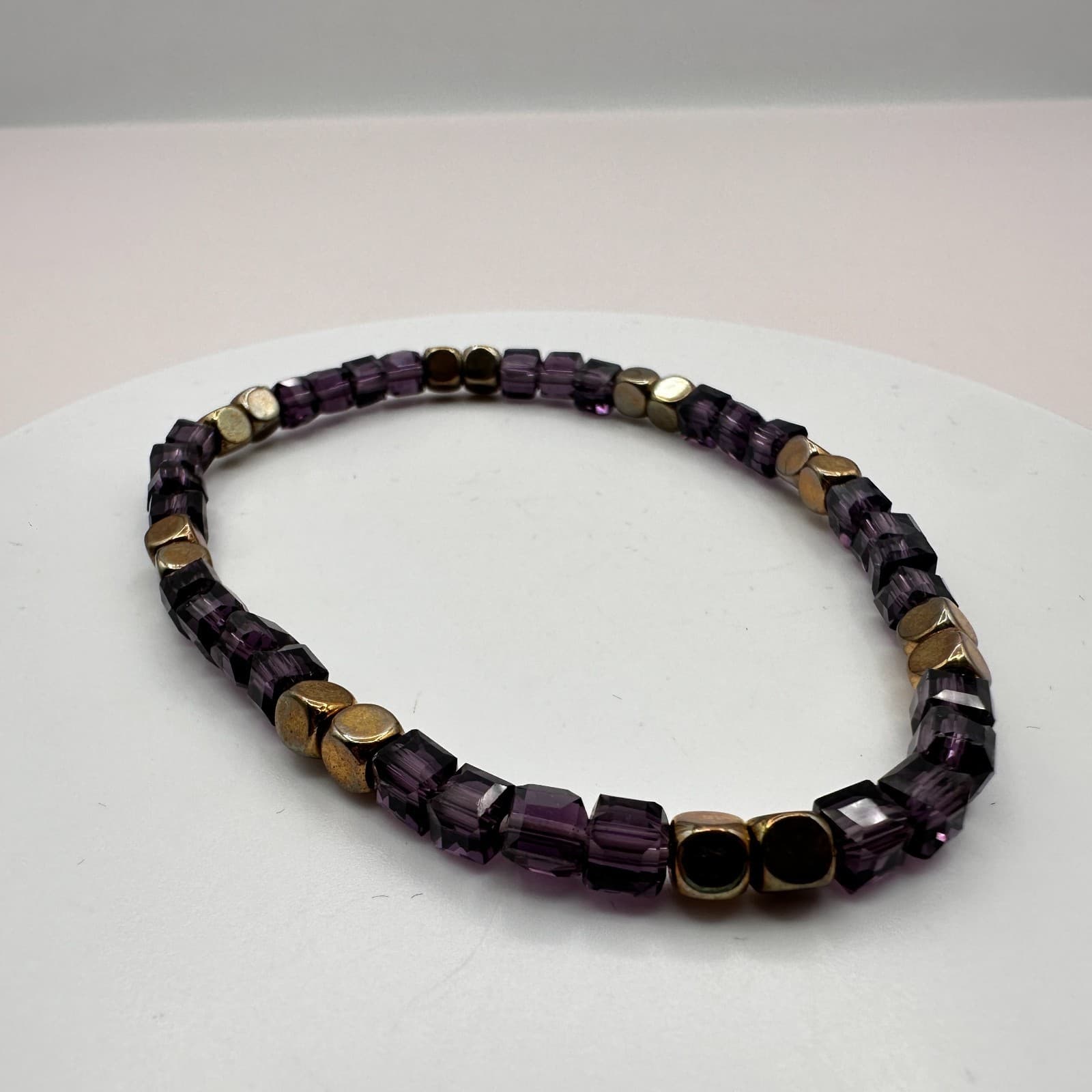 Vintage Y2K Gold tone Stretch Purple Beaded Bracelet Women's Classic Jewelry - Thumbnail 3