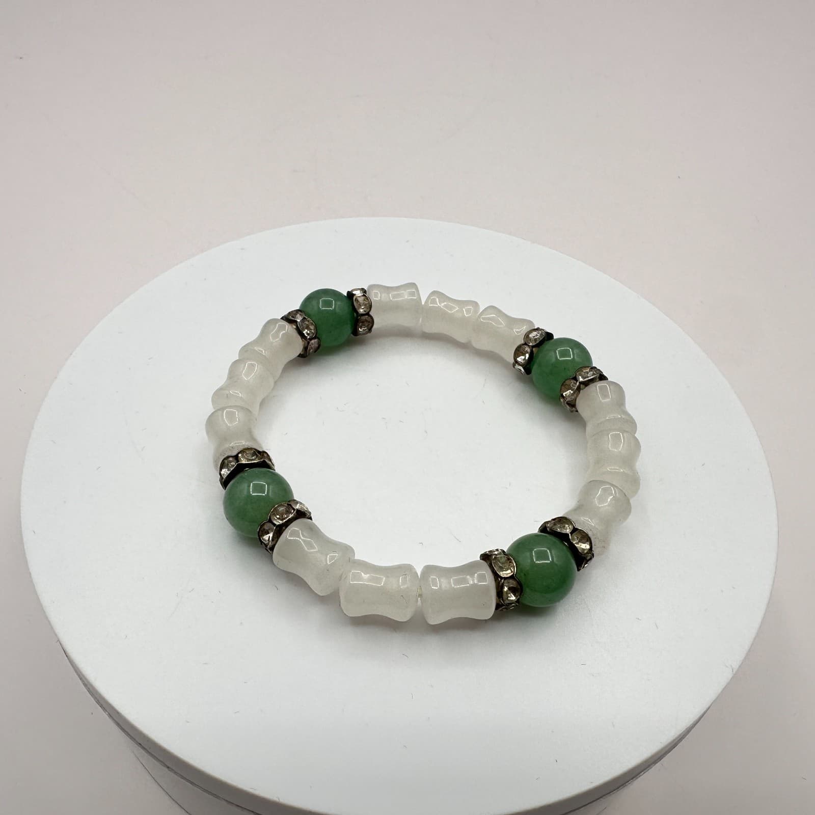 Vintage Y2K Silver Tone Green White Beaded Clear Rhinestone Bracelet Jewelry - Thumbnail 2