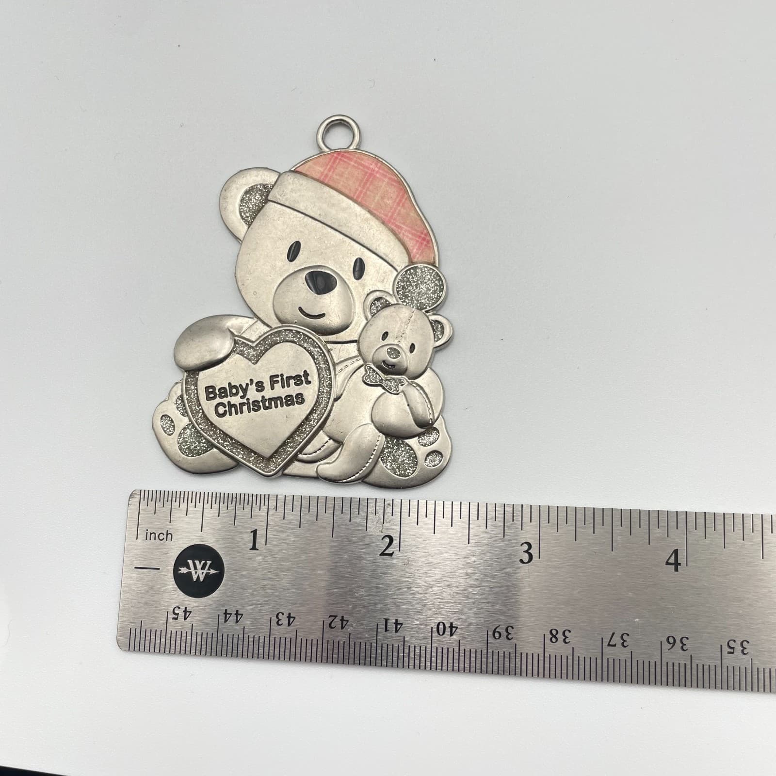 Vintage 90s Silver Tone Baby's First Christmas Pendant Teddy Bear Heart Glitter - Thumbnail 7