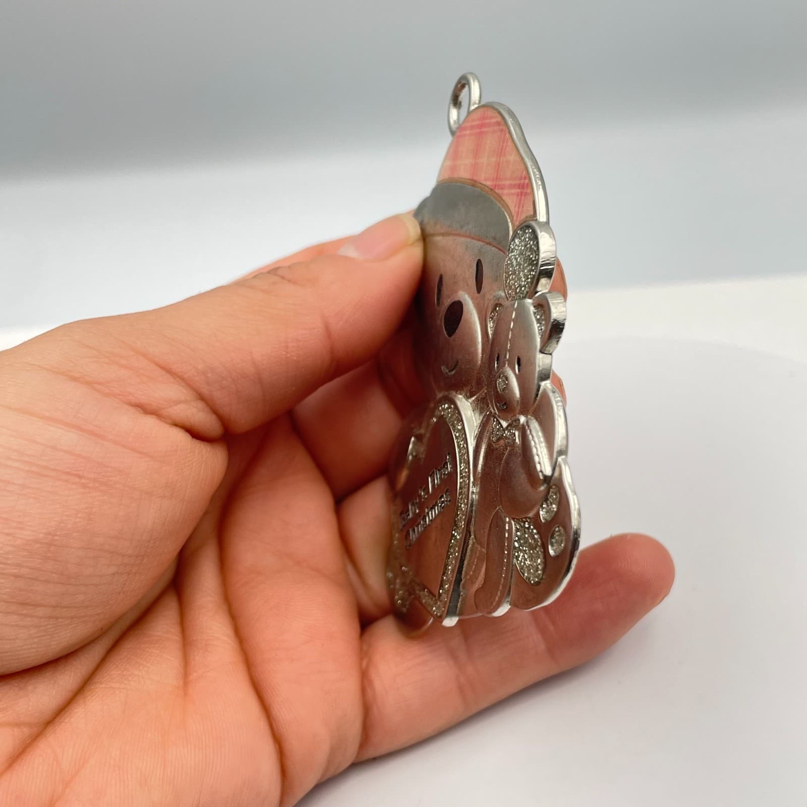 Vintage 90s Silver Tone Baby's First Christmas Pendant Teddy Bear Heart Glitter - Thumbnail 2