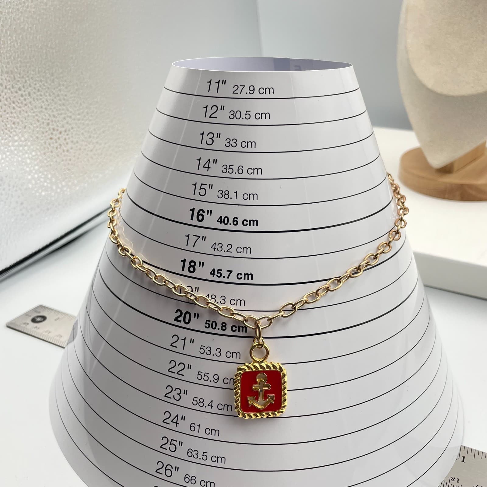 Vintage 90s Anne Klein Gold Tone Red Enamel Anchor Pendant Necklace Nautical - Thumbnail 9