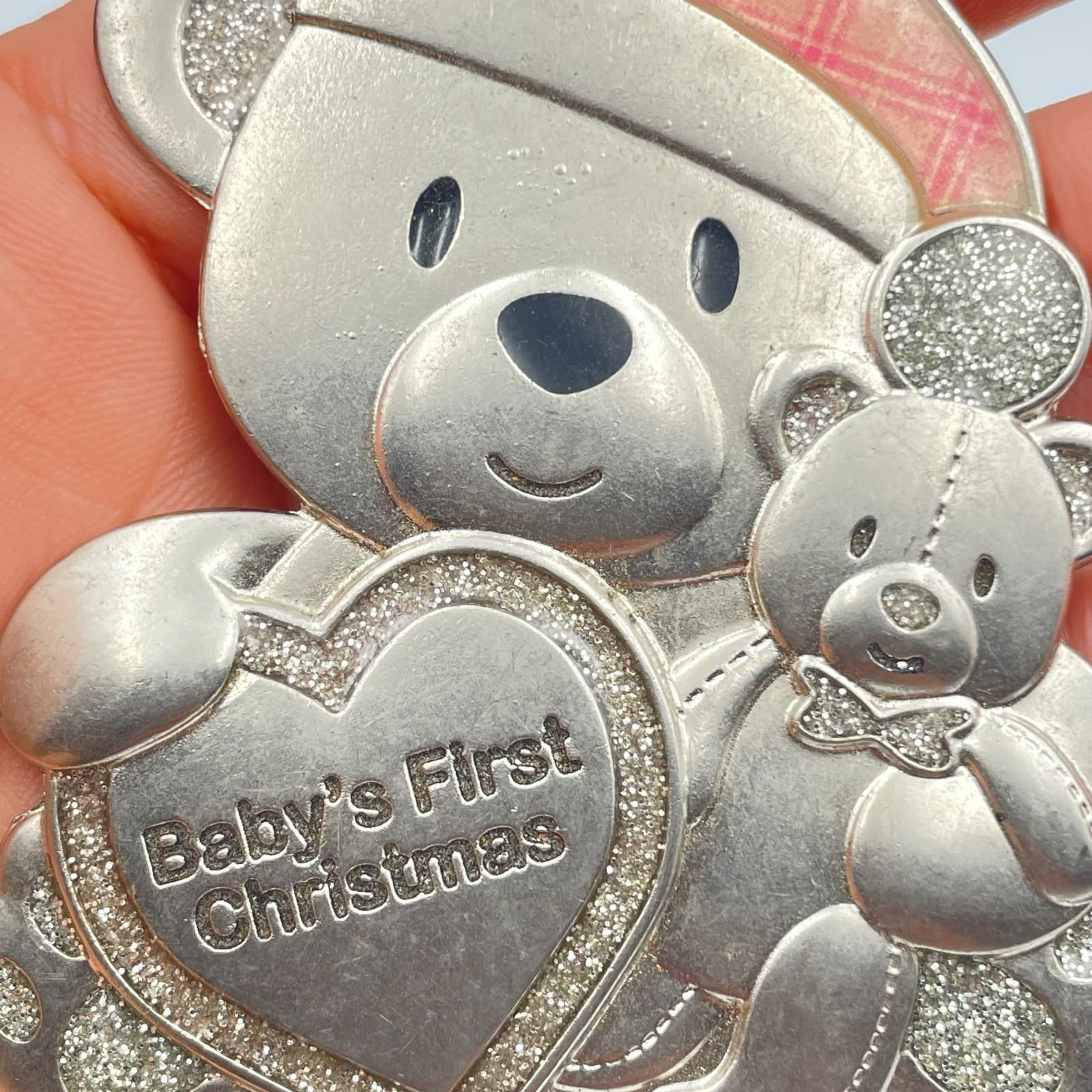 Vintage 90s Silver Tone Baby's First Christmas Pendant Teddy Bear Heart Glitter - Thumbnail 6