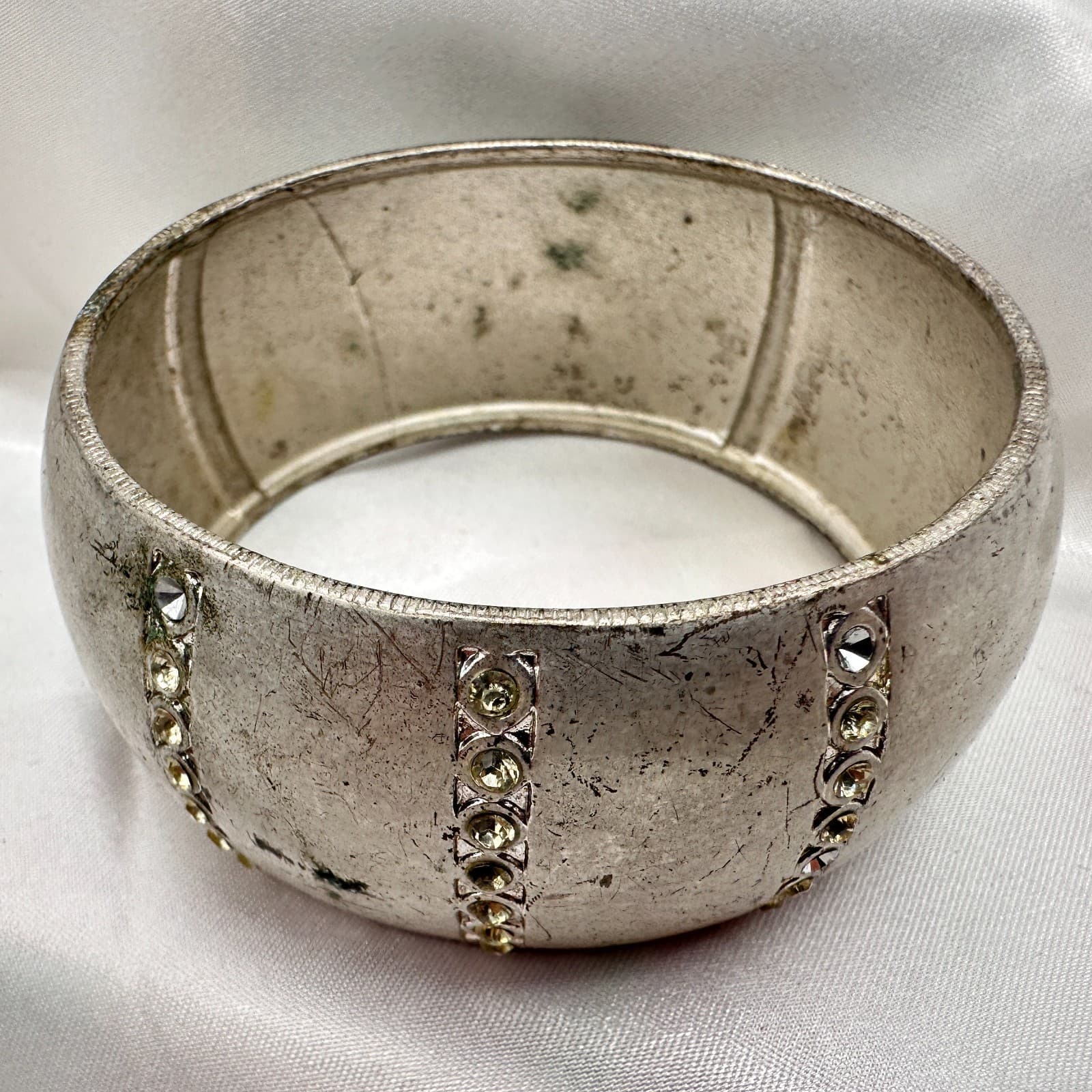 Vintage 90s Silver Tone Chunky Bracelet Clear Rhinestone Women's Classic Jewelry - Thumbnail 3