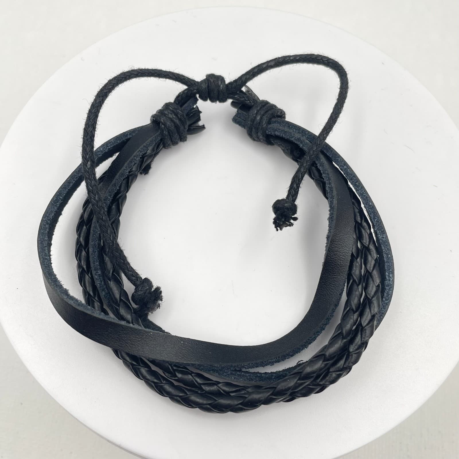 Vintage Y2K Black Multi-Layer Faux Leather Wrap Bracelet Braided Cord Jewelry - Image 1