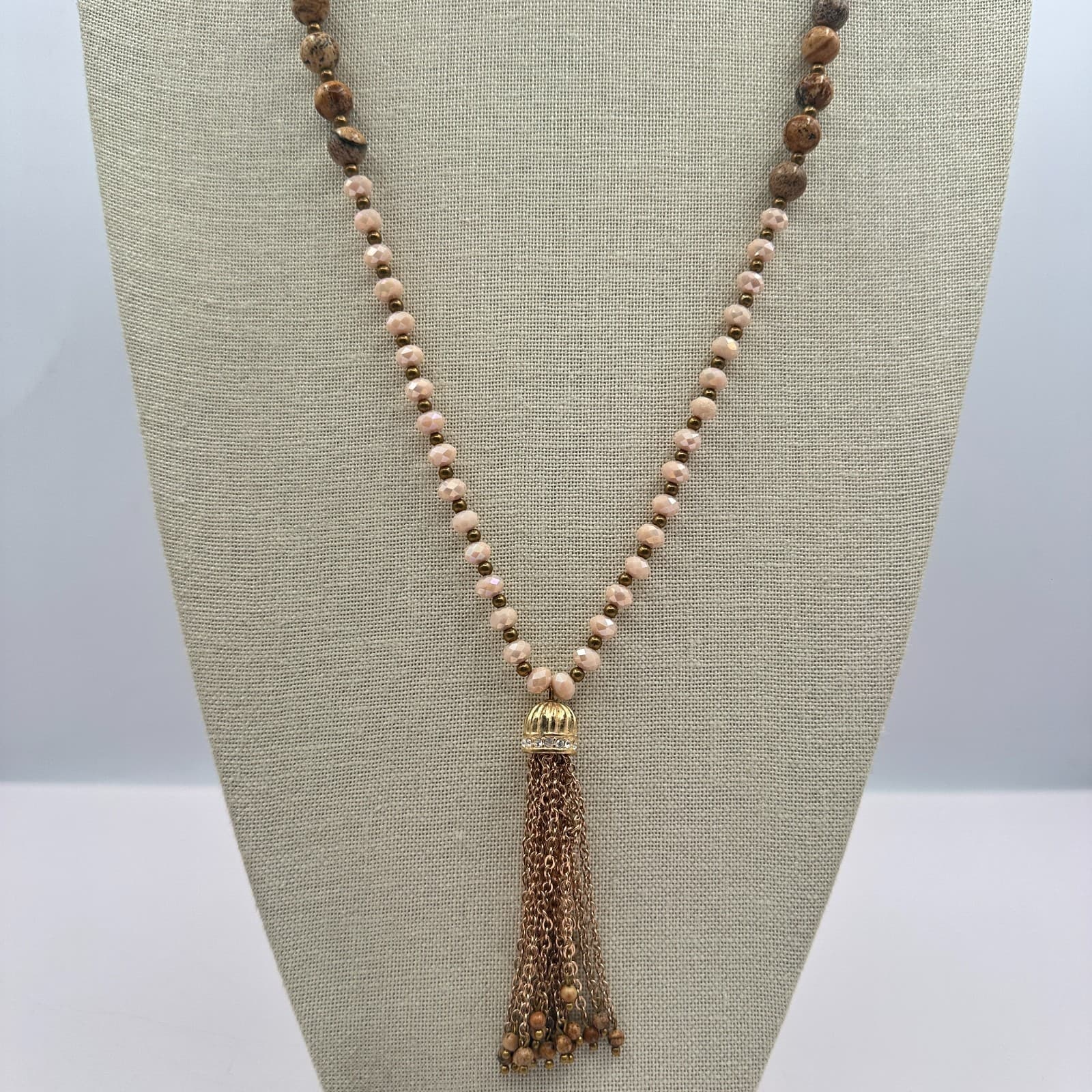 Vintage 80s Bronze Chain Tassel Pendant Sophisticated Multi Bead Strand - Thumbnail 3