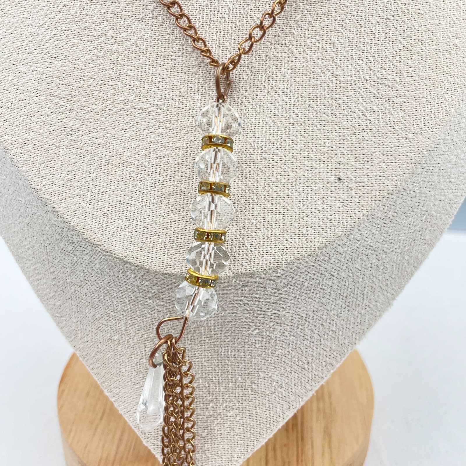 Vintage 90s Y2K Bronze Tone Glass Bead Tassel Pendant Necklace Boho Jewelry - Thumbnail 3