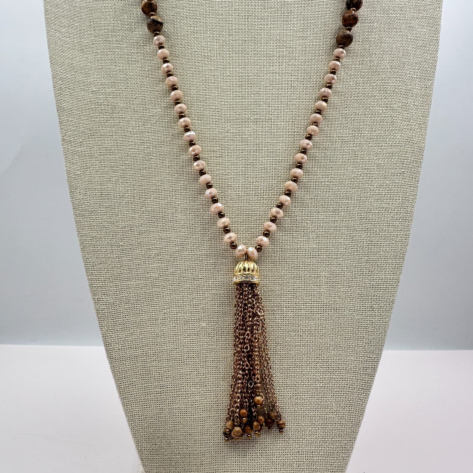 Vintage 80s Bronze Chain Tassel Pendant Sophisticated Multi Bead Strand - Image 1