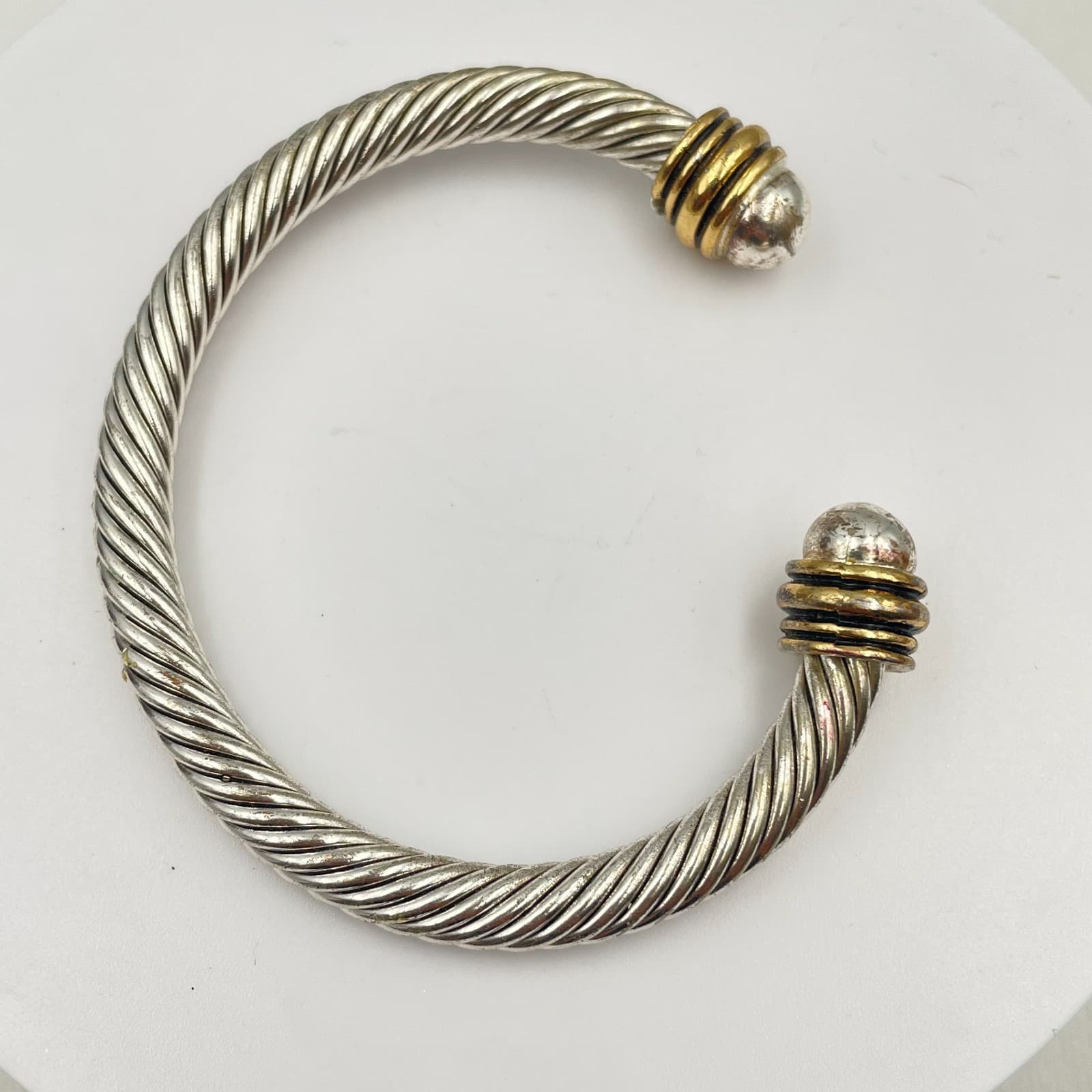 Vintage 90s Silver/Gold Tone Twisted Cable Hand Bracelet Women's Classic Jewelry - Thumbnail 2