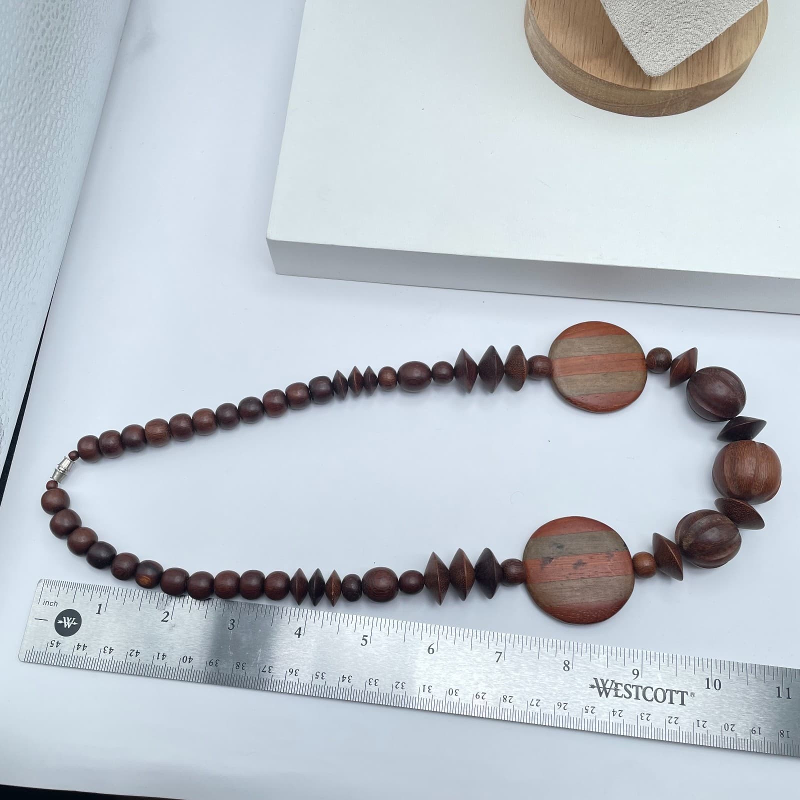 Vintage 90s Silver Tone Chunky Wooden Beaded Necklace Ethnic Women's Jewelry - Thumbnail 9