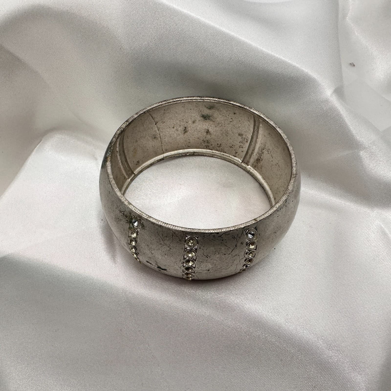 Vintage 90s Silver Tone Chunky Bracelet Clear Rhinestone Women's Classic Jewelry - Thumbnail 5