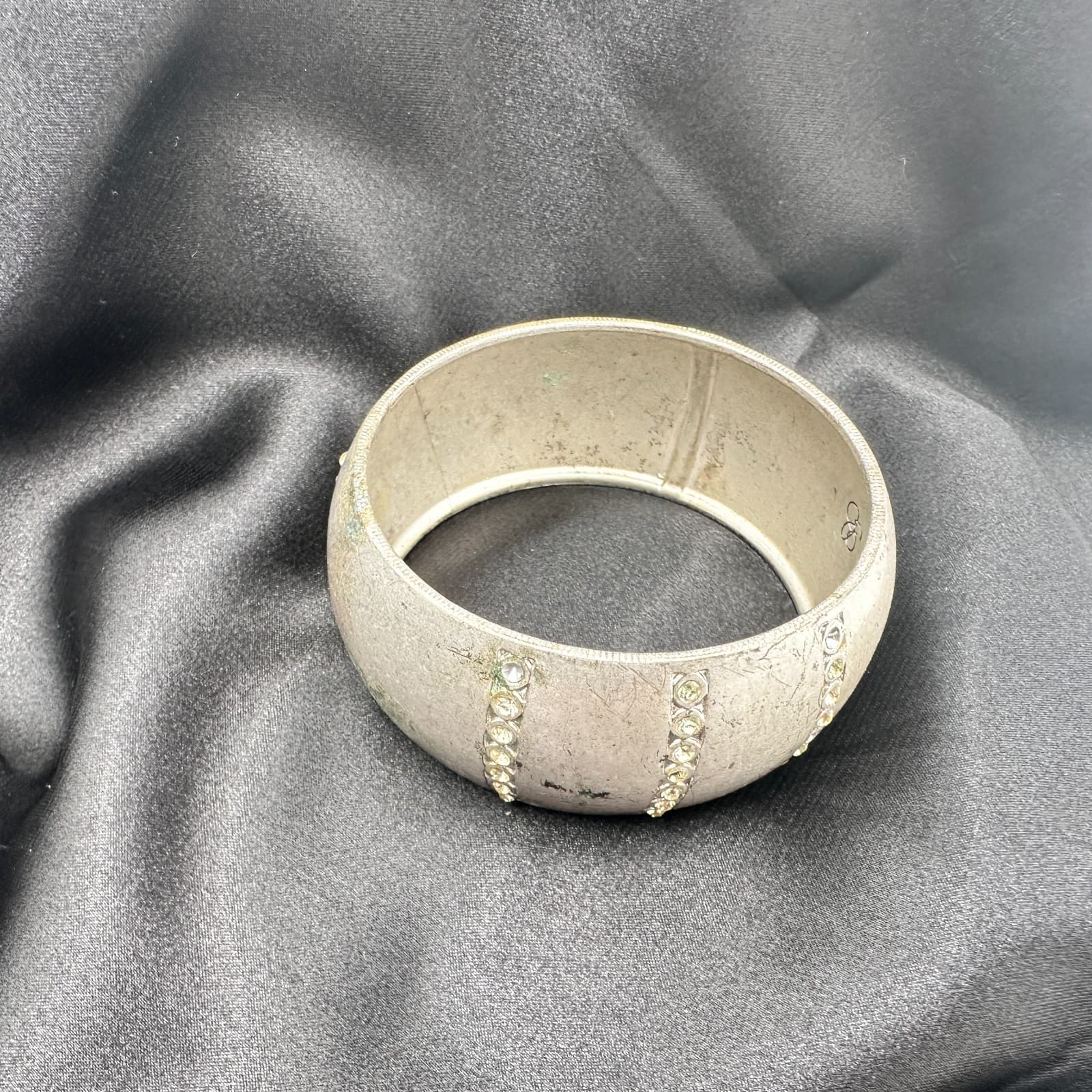 Vintage 90s Silver Tone Chunky Bracelet Clear Rhinestone Women's Classic Jewelry - Thumbnail 8