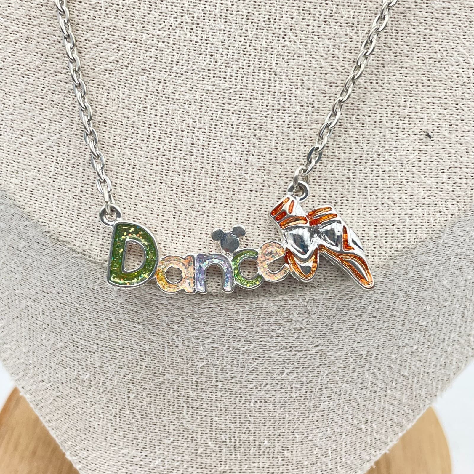 Vintage 90s Disney Dance SilverTone Glitter Enamel Mickey Mouse Necklace Jewelry - Thumbnail 2