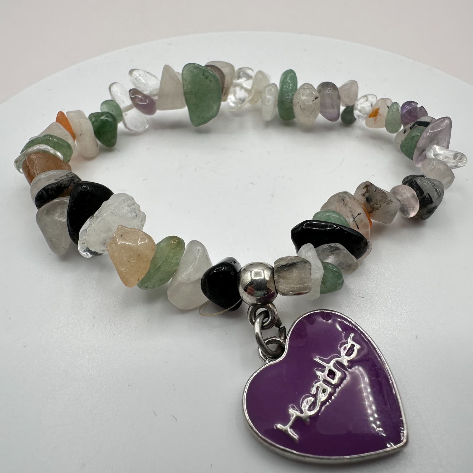 Vintage Y2K Chip Beaded Stretch Bracelet Purple Heart Charm Women's Jewelry - Thumbnail 5