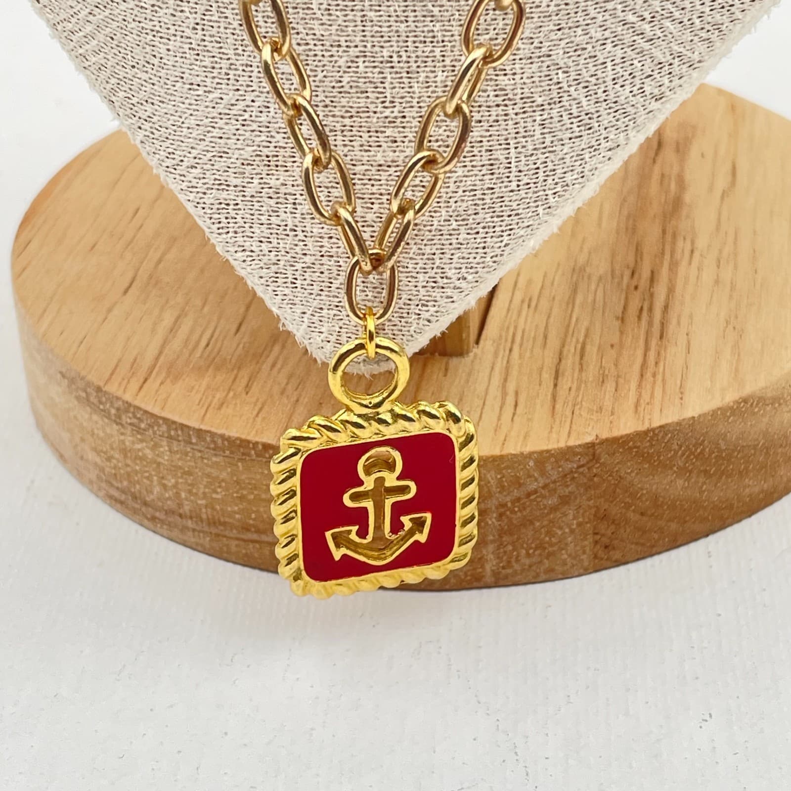 Vintage 90s Anne Klein Gold Tone Red Enamel Anchor Pendant Necklace Nautical - Thumbnail 3