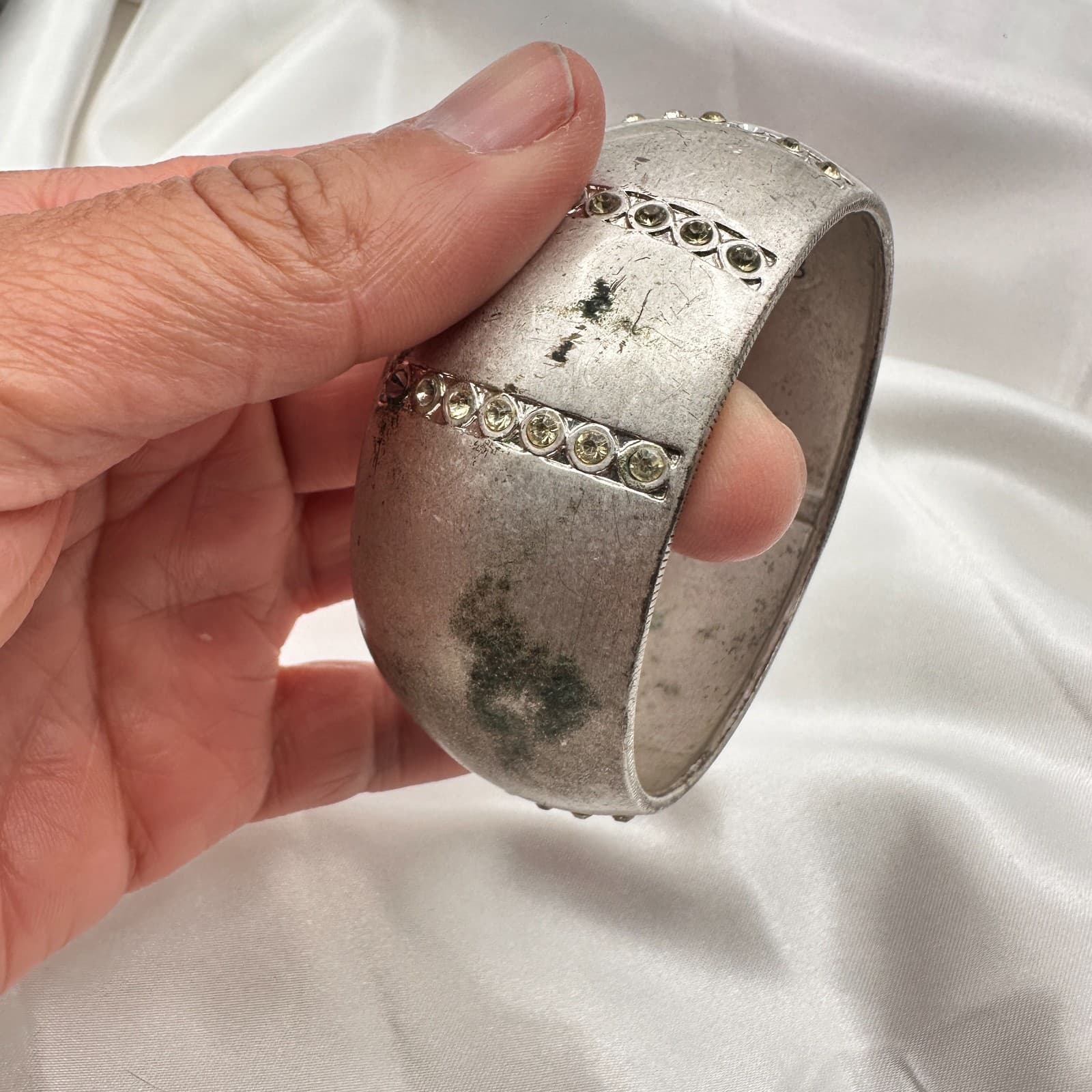 Vintage 90s Silver Tone Chunky Bracelet Clear Rhinestone Women's Classic Jewelry - Thumbnail 9