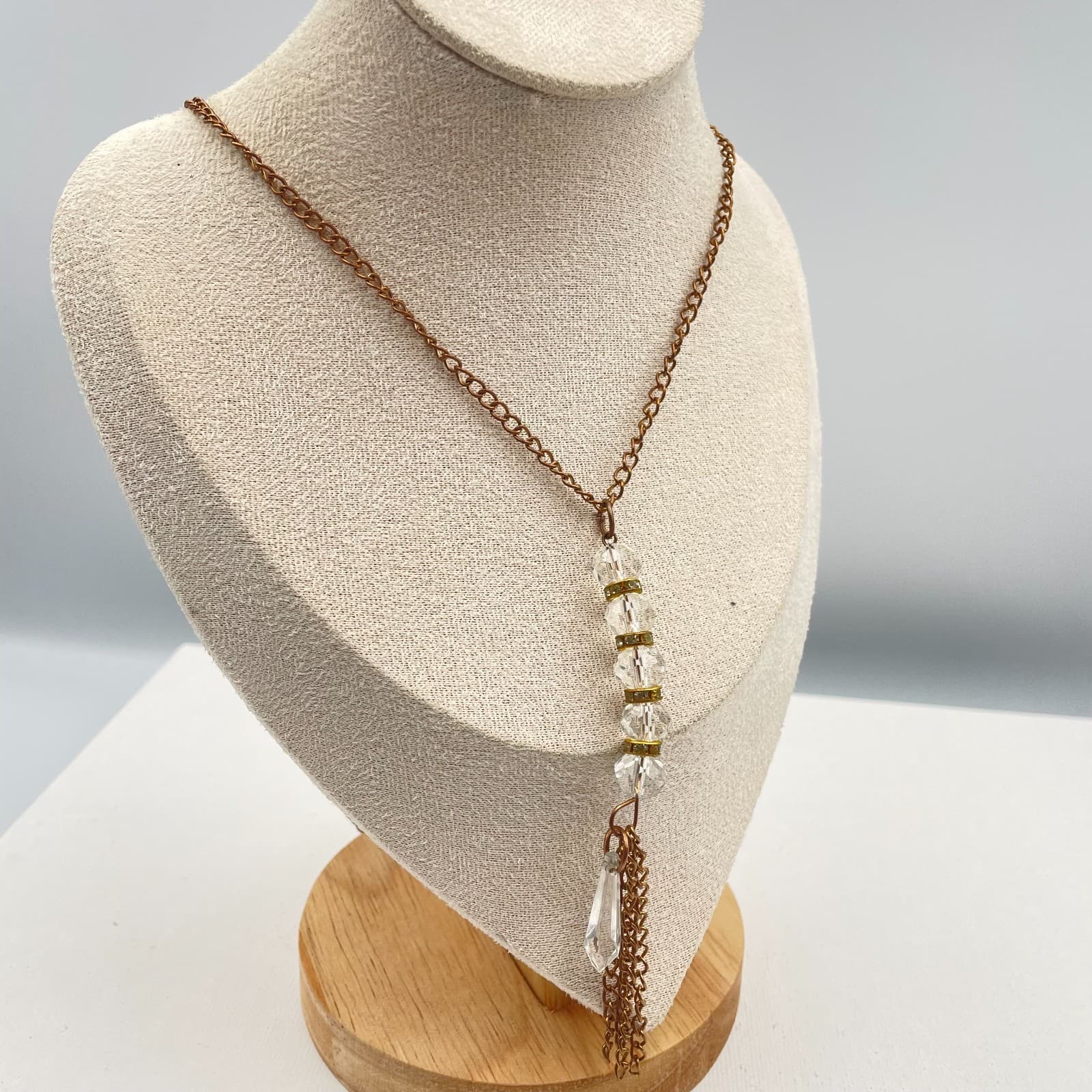 Vintage 90s Y2K Bronze Tone Glass Bead Tassel Pendant Necklace Boho Jewelry - Thumbnail 2