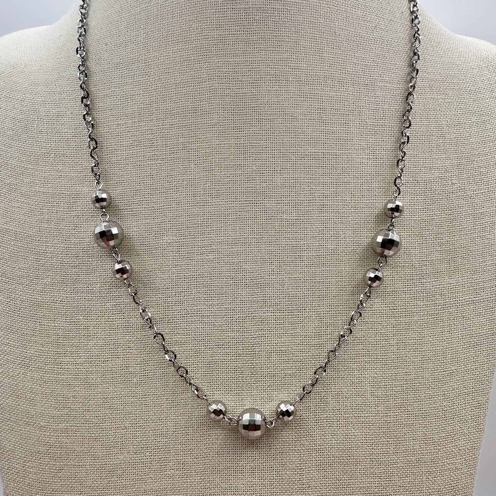 Vintage 90s Silver Tone Faceted Disco Ball Bead Station Necklace Retro Jewelry - Image 1