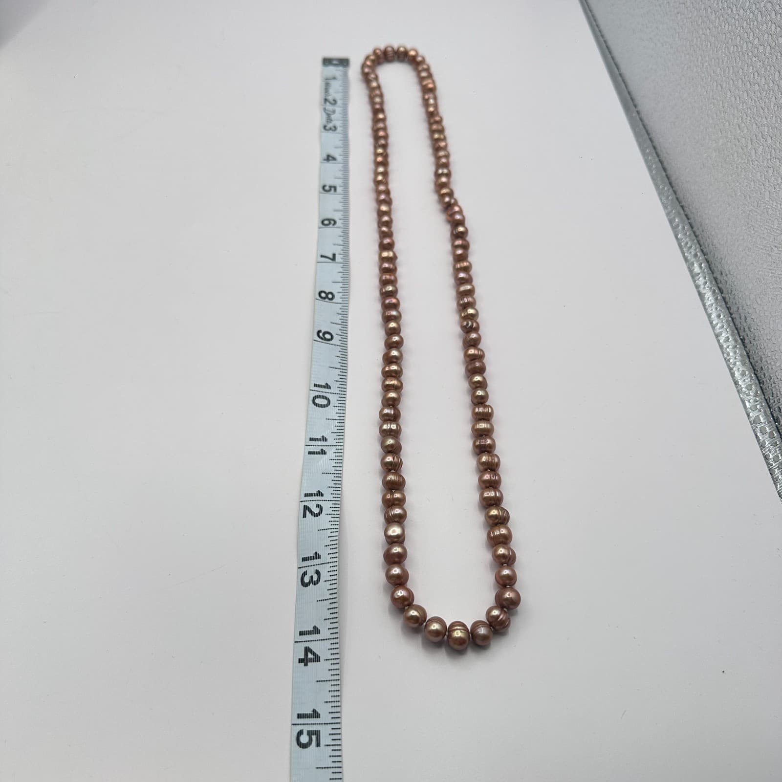 Vintage 80s Rose Gold Tone Pearl Necklace Elegant Hand Strung Beads Jewelry - Thumbnail 7