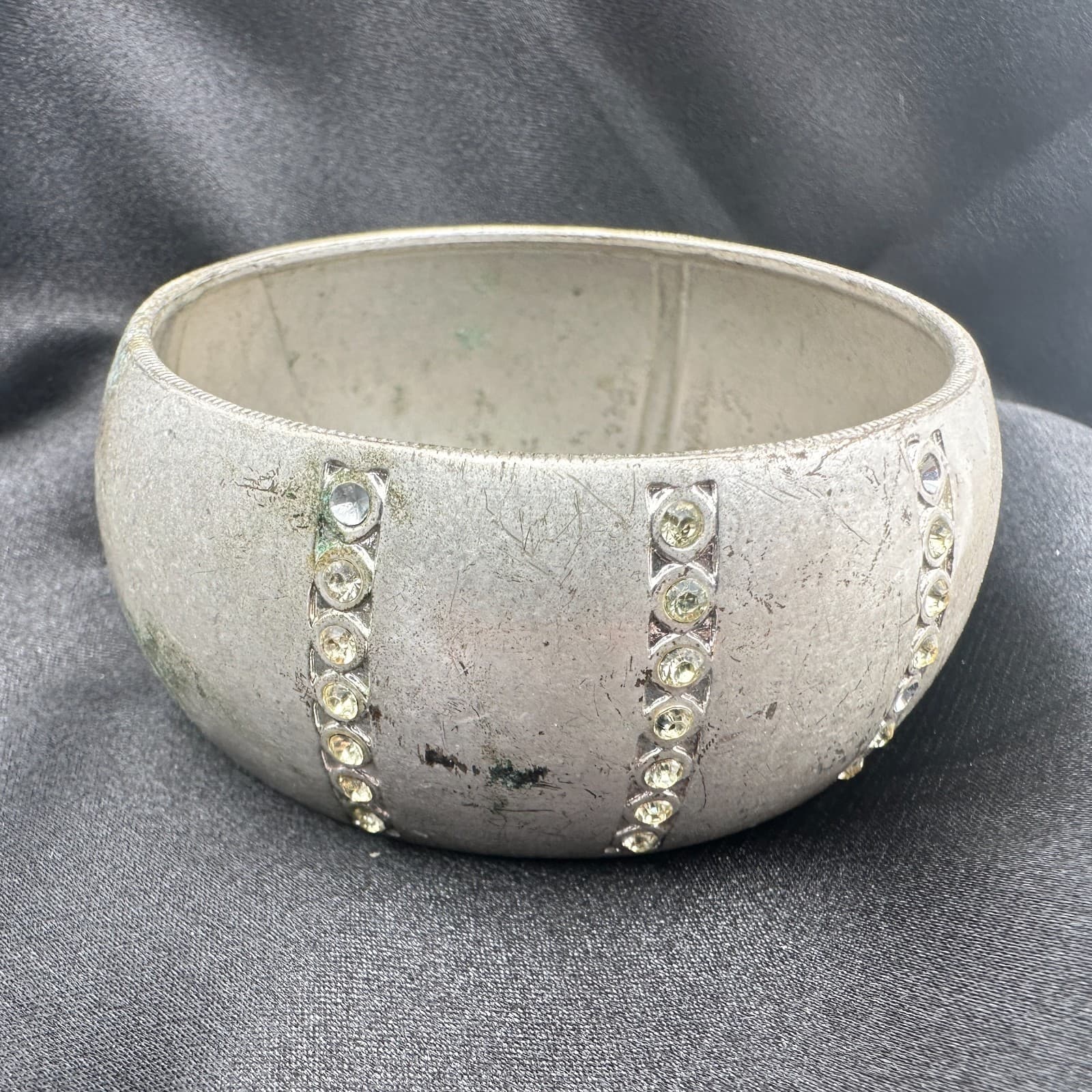 Vintage 90s Silver Tone Chunky Bracelet Clear Rhinestone Women's Classic Jewelry - Thumbnail 6