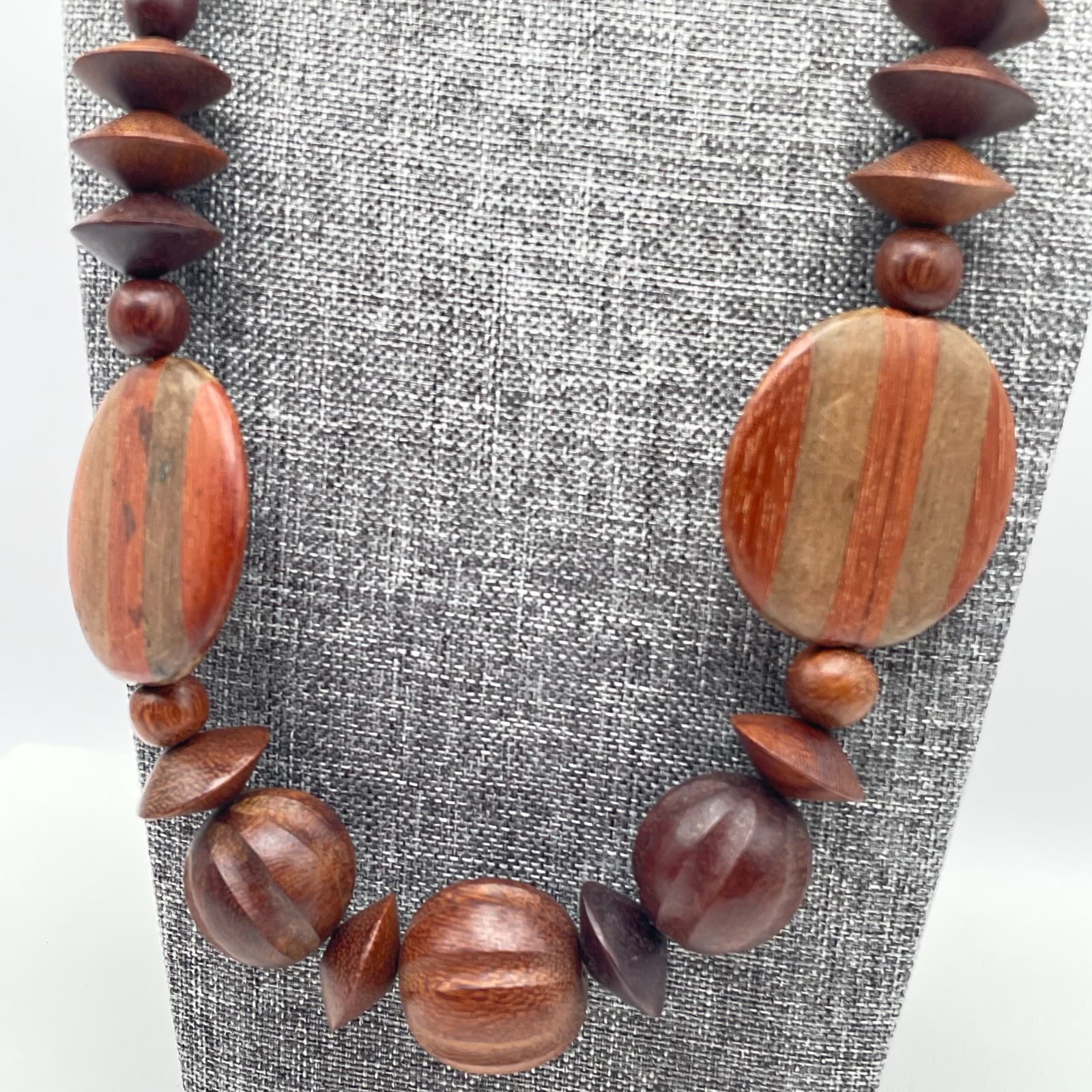 Vintage 90s Silver Tone Chunky Wooden Beaded Necklace Ethnic Women's Jewelry - Thumbnail 3