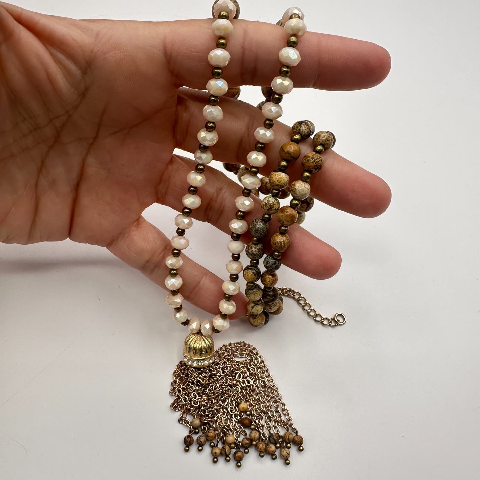 Vintage 80s Bronze Chain Tassel Pendant Sophisticated Multi Bead Strand - Thumbnail 7